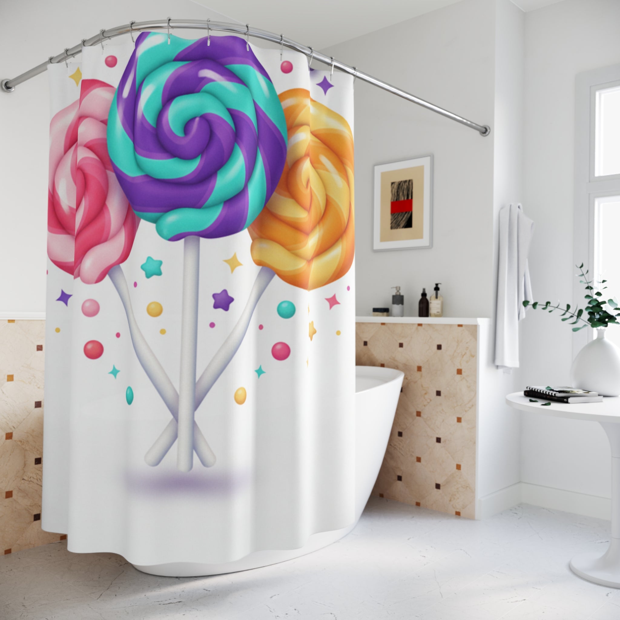 Candy Lollipop Shower Curtain — Colorful Swirl Sweets Bath Decor