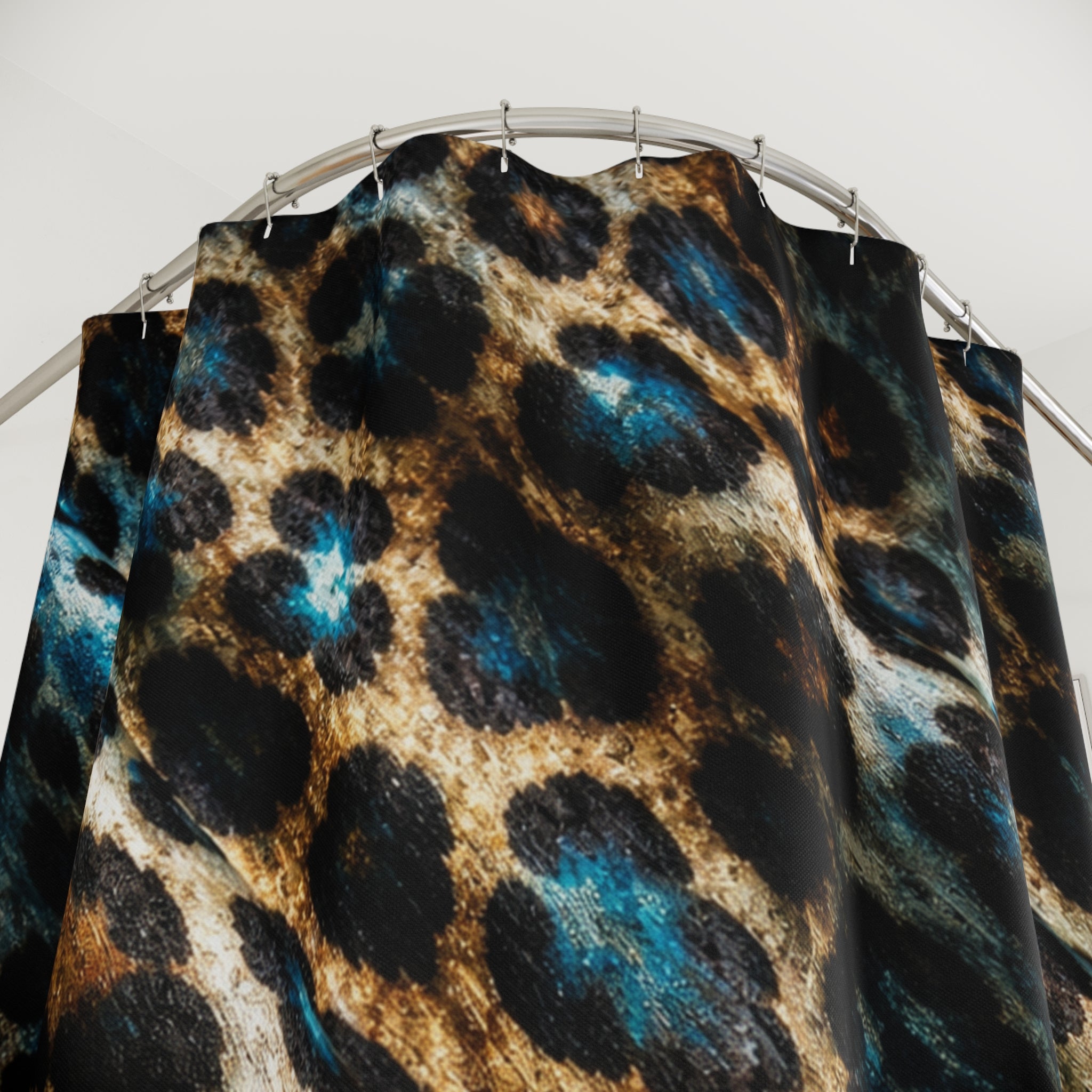 Leopard Print Shower Curtain — Teal Accent Animal Print Bathroom Decor