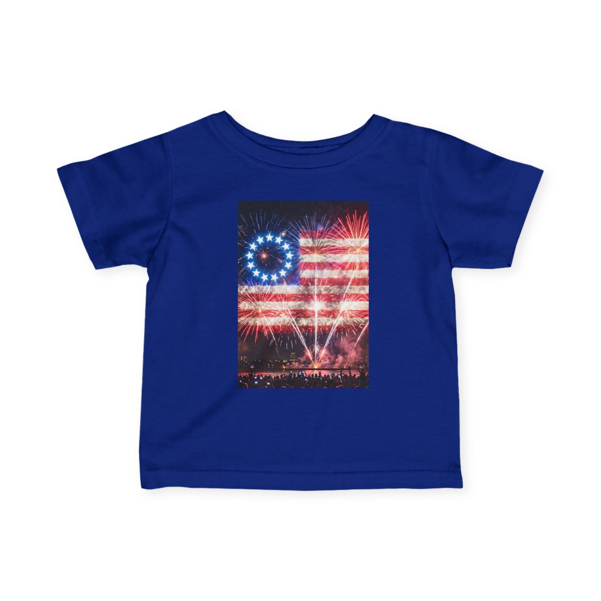 Infant Tee — Vintage Fireworks American Flag Graphic (4th of July Baby Shirt)