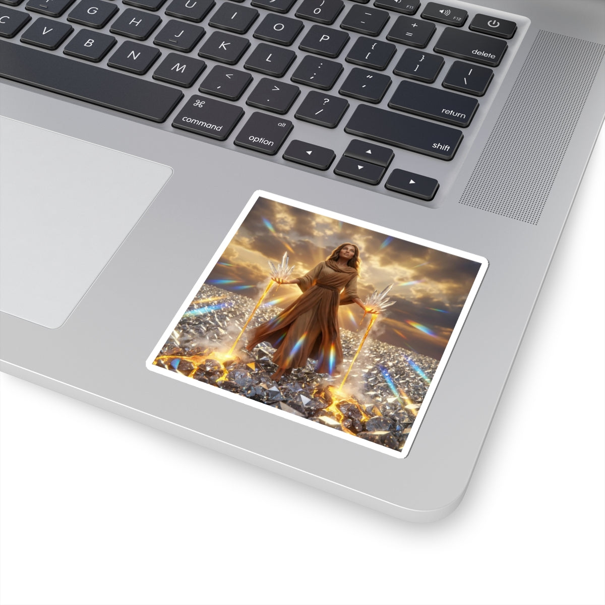 Golden Guardian Fantasy Sticker — Radiant Goddess on Crystal Field