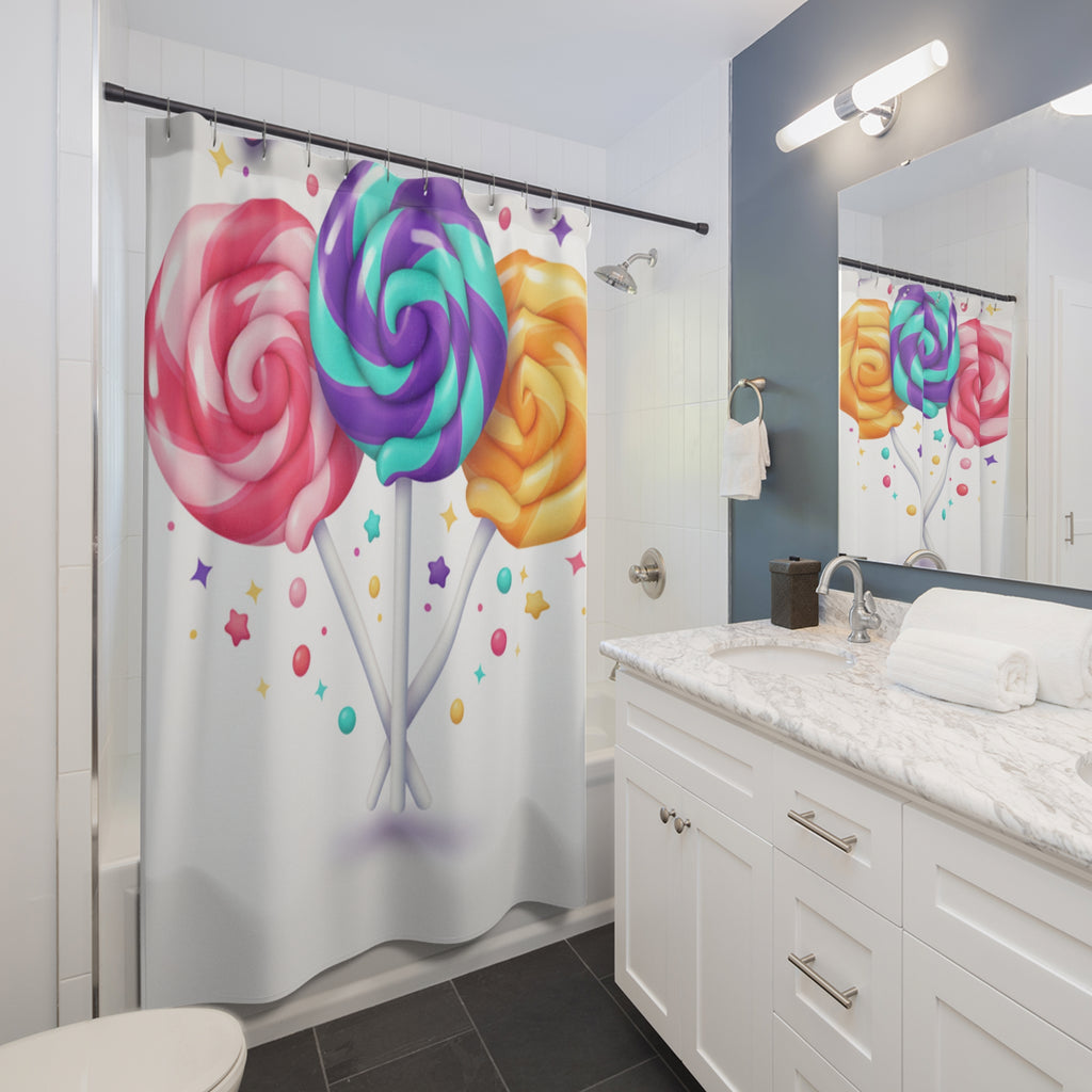 Candy Lollipop Shower Curtain — Colorful Swirl Sweets Bath Decor