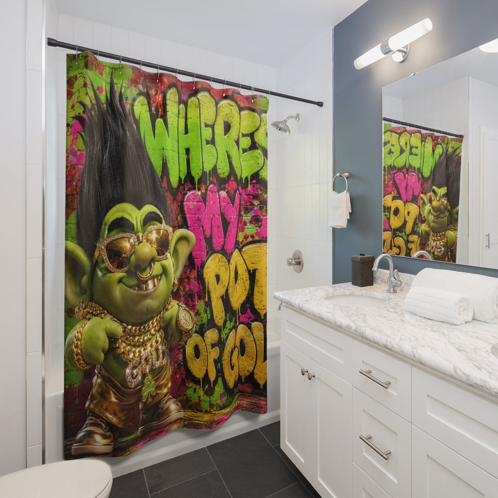 Troll Shower Curtain — 'Where's My Pot of Gold' Graffiti Bathroom Decor