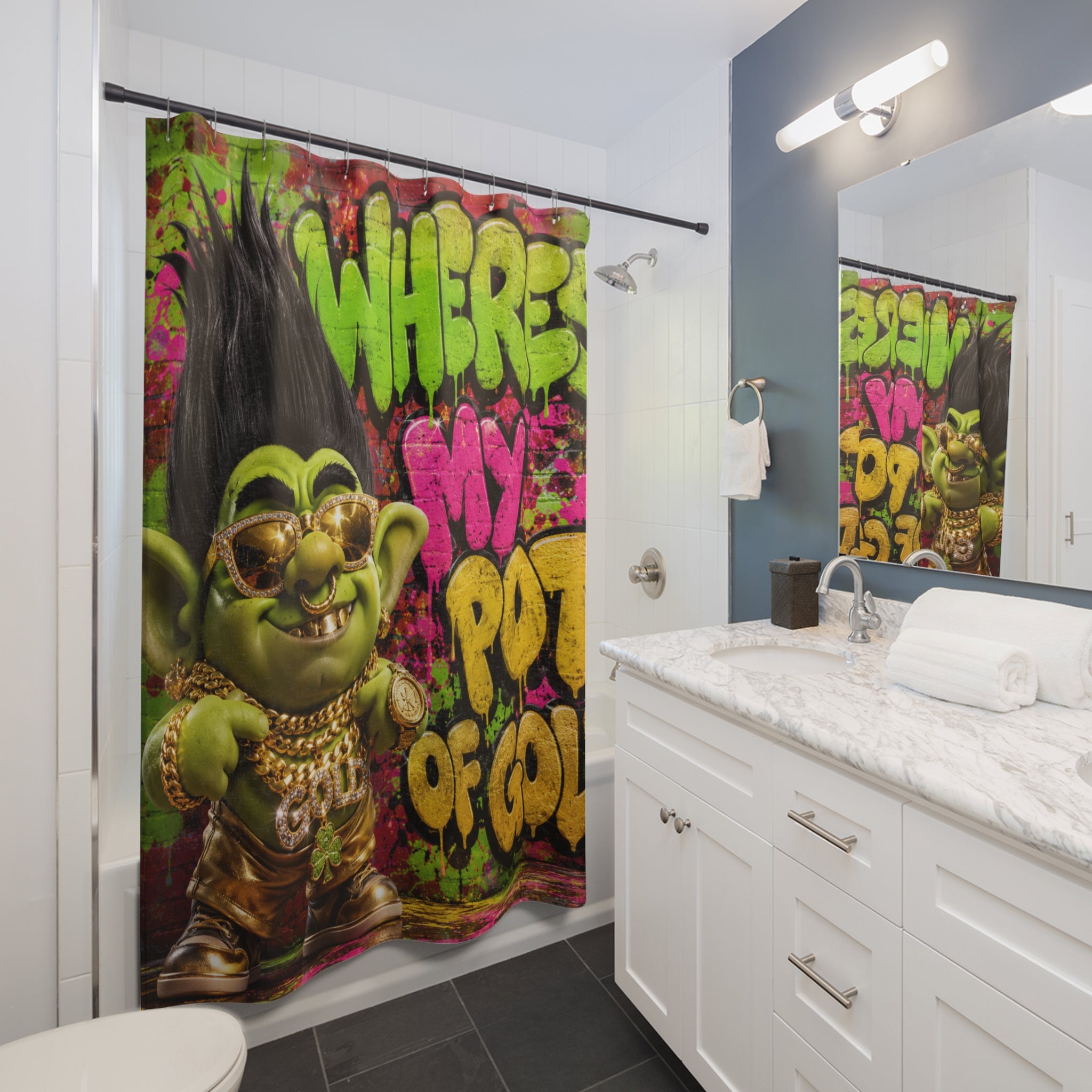 Troll Shower Curtain — 'Where's My Pot of Gold' Graffiti Bathroom Decor