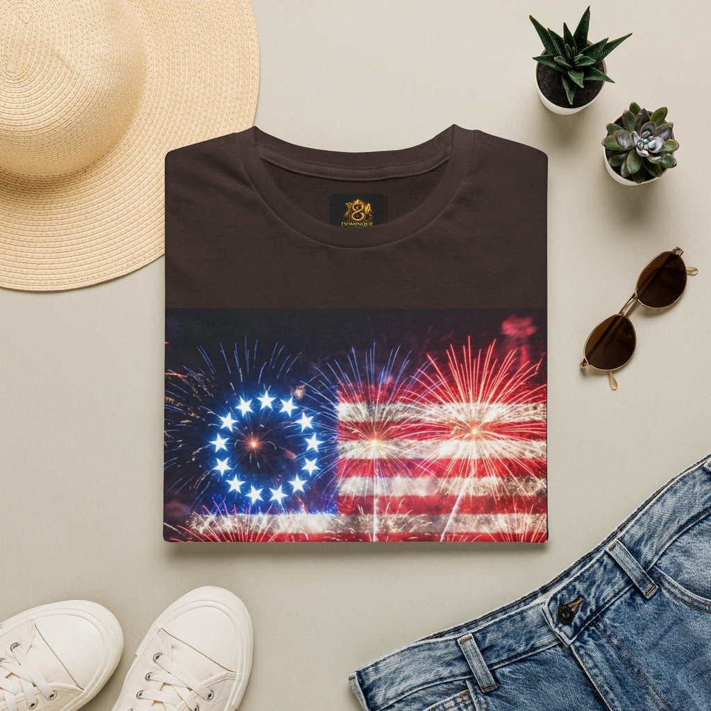 American Flag Fireworks T-Shirt — Betsy Ross Stars & Stripes Patriotic Tee for 4th of July