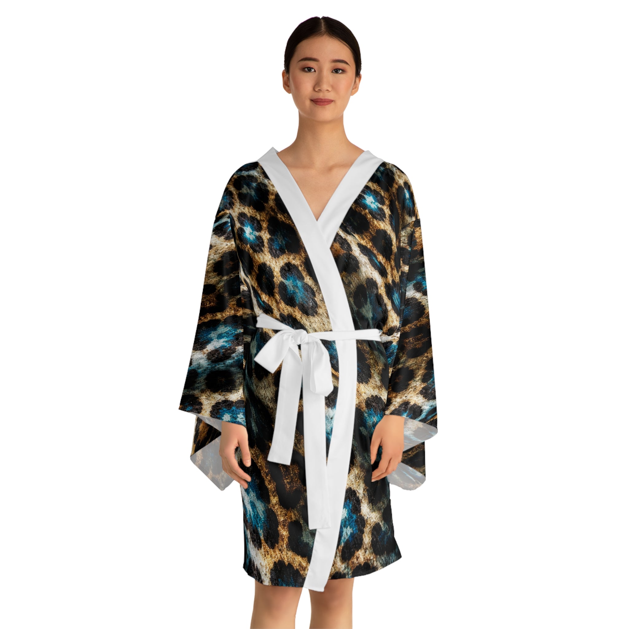 Leopard Print Kimono Robe — Long Sleeve AOP Lounge Jacket