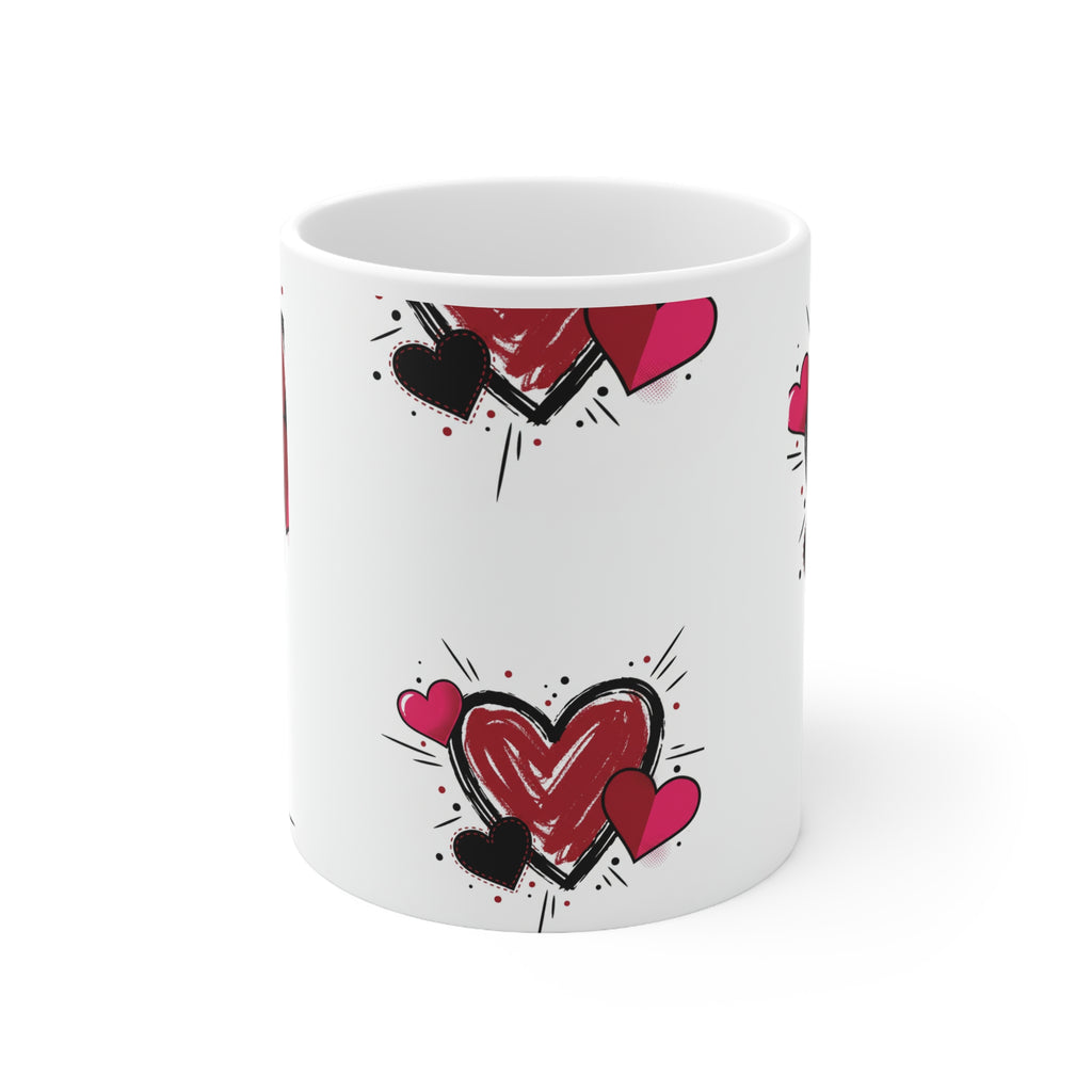 Heart Doodle Ceramic Mug — Red & Pink Sketch Hearts Coffee Cup