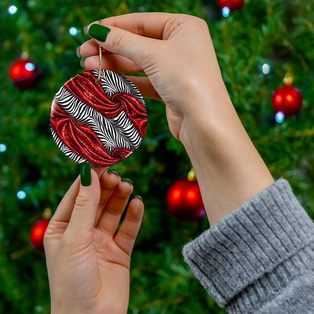 Ceramic Ornament — Red Velvet Zebra Pattern Holiday Decoration