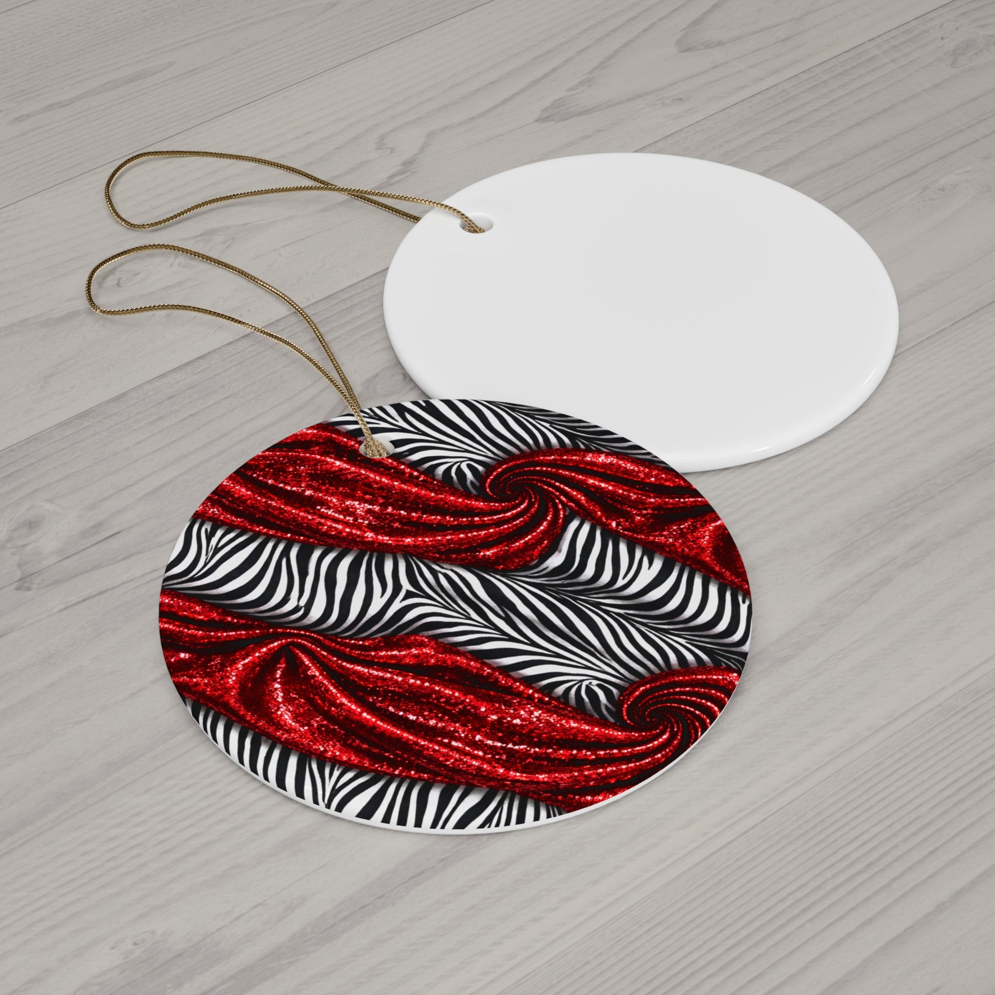 Ceramic Ornament — Red Velvet Zebra Pattern Holiday Decoration