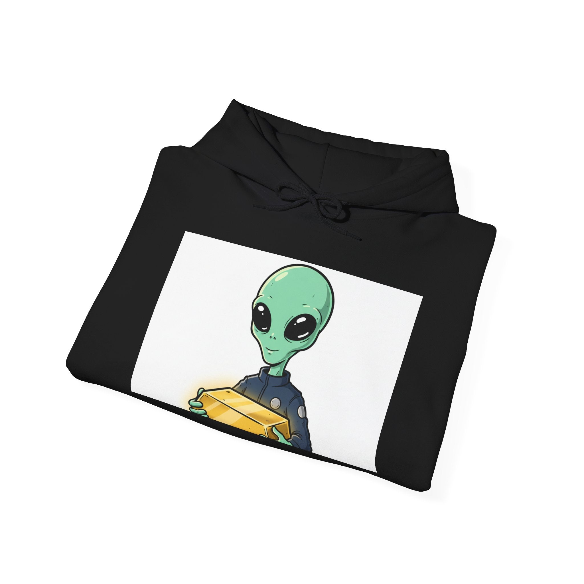 Alien Holding Gold Hoodie — "WE ARE HERE!!" Graphic Sweatshirt