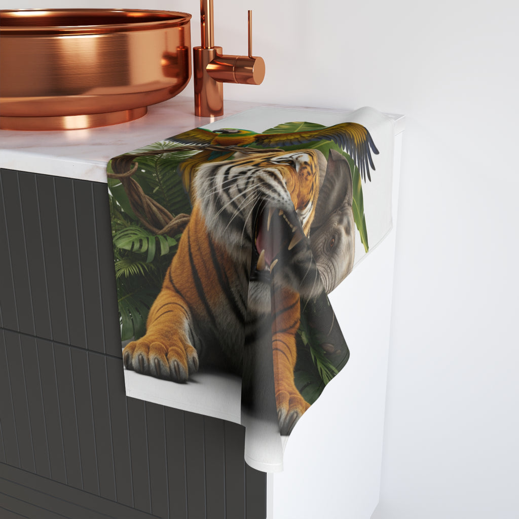 Jungle Roar Hand Towel — Tiger, Parrot & Elephant Tropical Animal Print