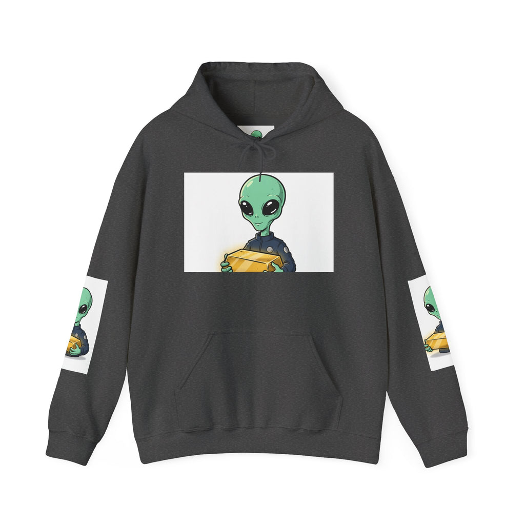 Alien Holding Gold Hoodie — "WE ARE HERE!!" Graphic Sweatshirt
