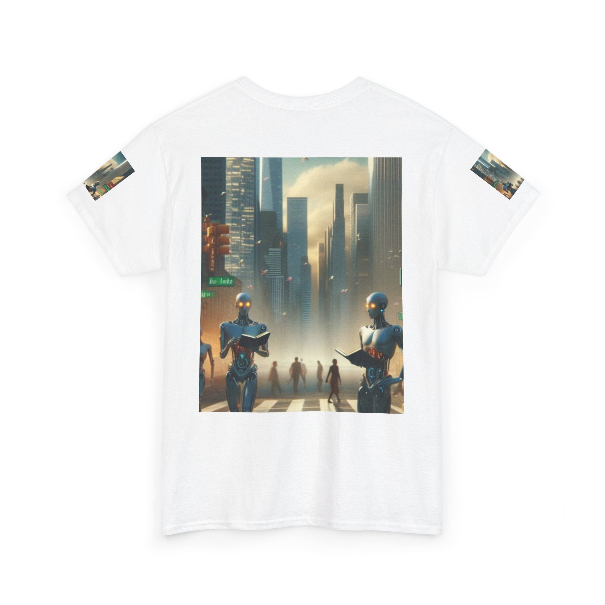 Cybercity Robots T‑Shirt — Futuristic Android Street Scene Tee