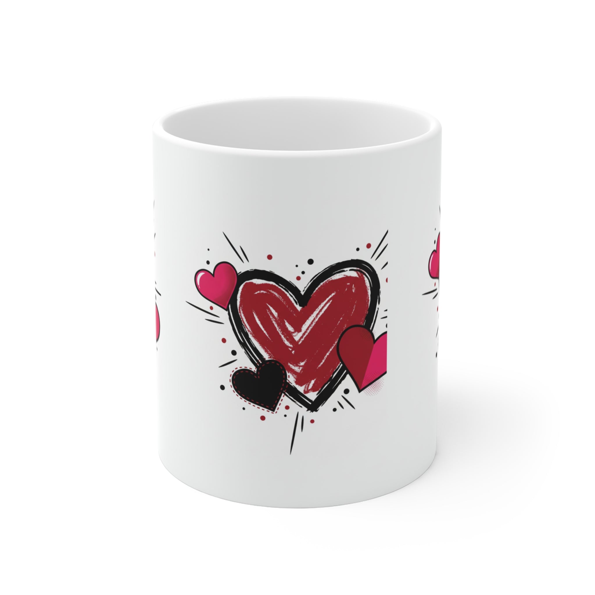 Heart Sketch Mug — Hand-Drawn Red & Pink Hearts Coffee Cup (Valentine’s Day Gift)