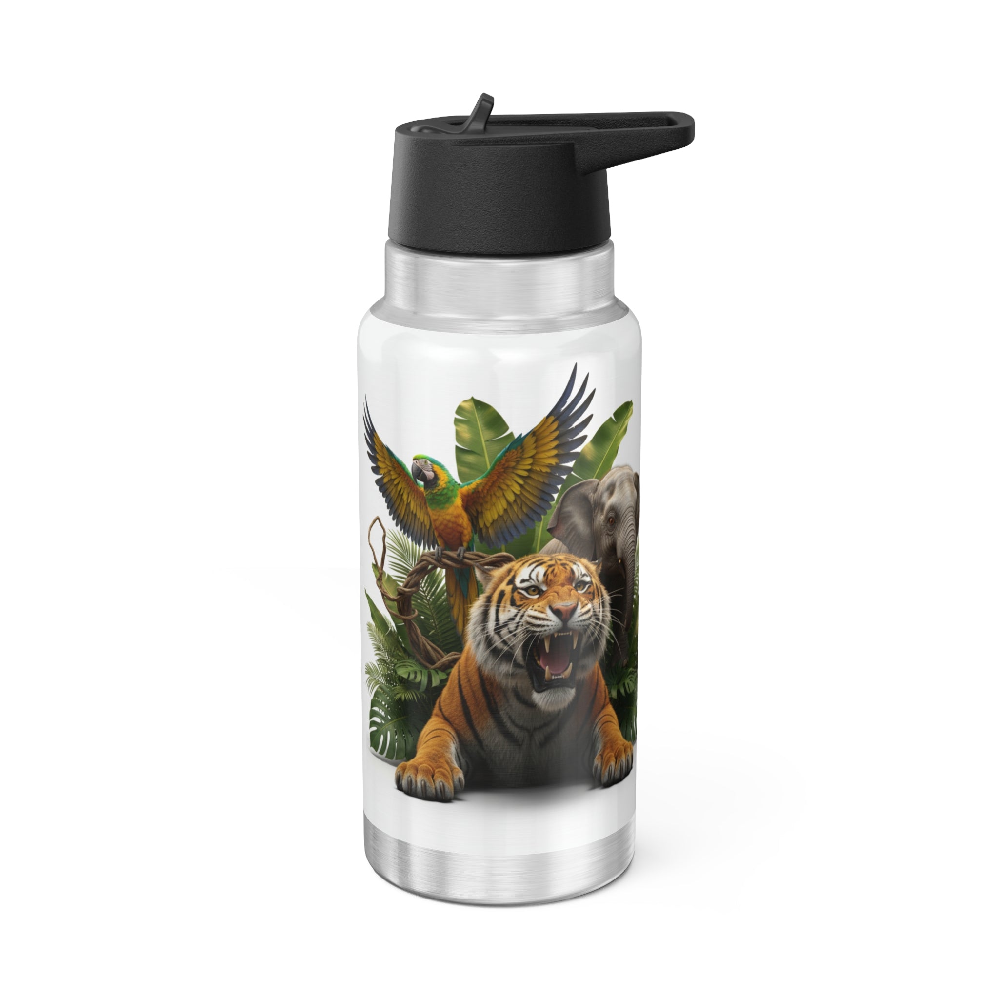 32oz Wildlife Adventure Tumbler — Tiger, Elephant & Parrot Jungle Design