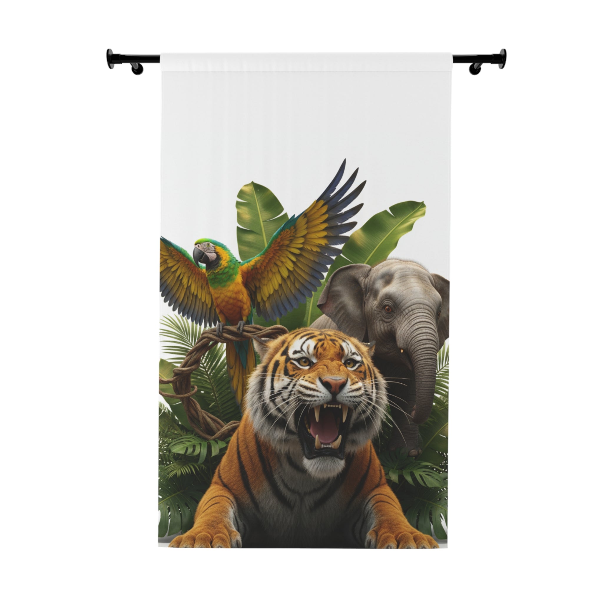 Jungle Wildlife Window Curtain — Tiger, Elephant & Parrot Nature Panel