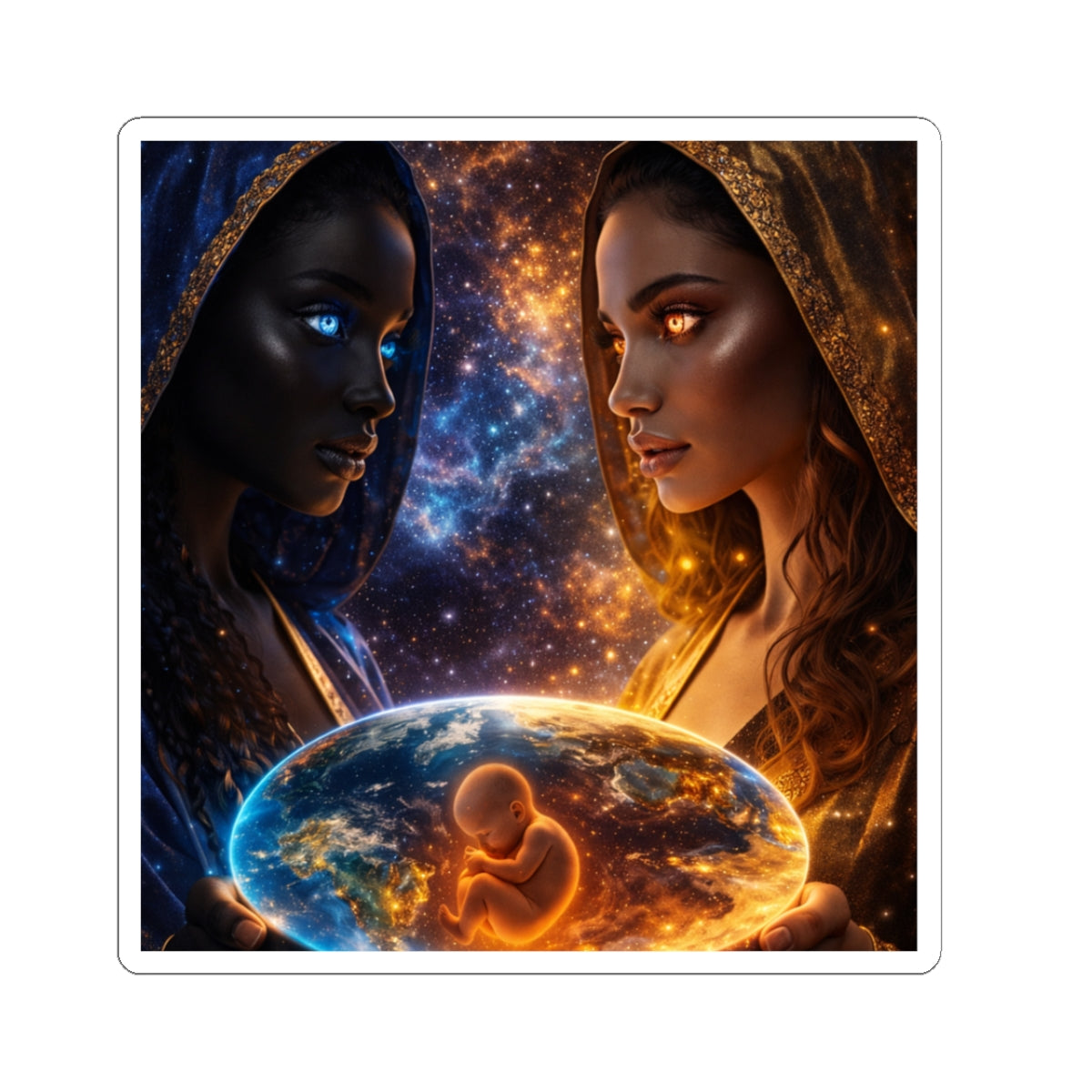 Cosmic Mothers Kiss-Cut Sticker — Dual Goddess Holding Earth & Fetus