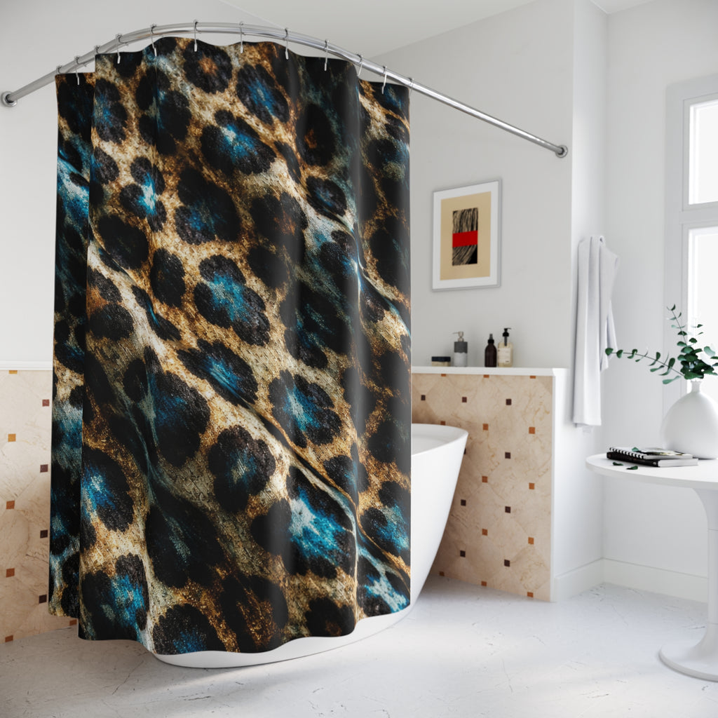 Leopard Print Shower Curtain — Teal Accent Animal Print Bathroom Decor