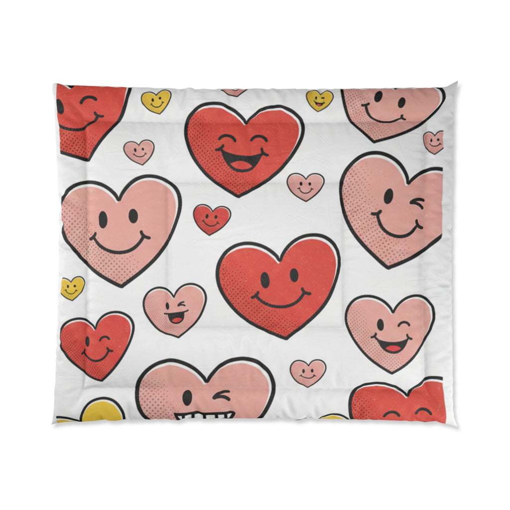 Smiling Hearts Comforter - Cute Cartoon Heart Pattern Bedding for Kids & Valentine's Décor