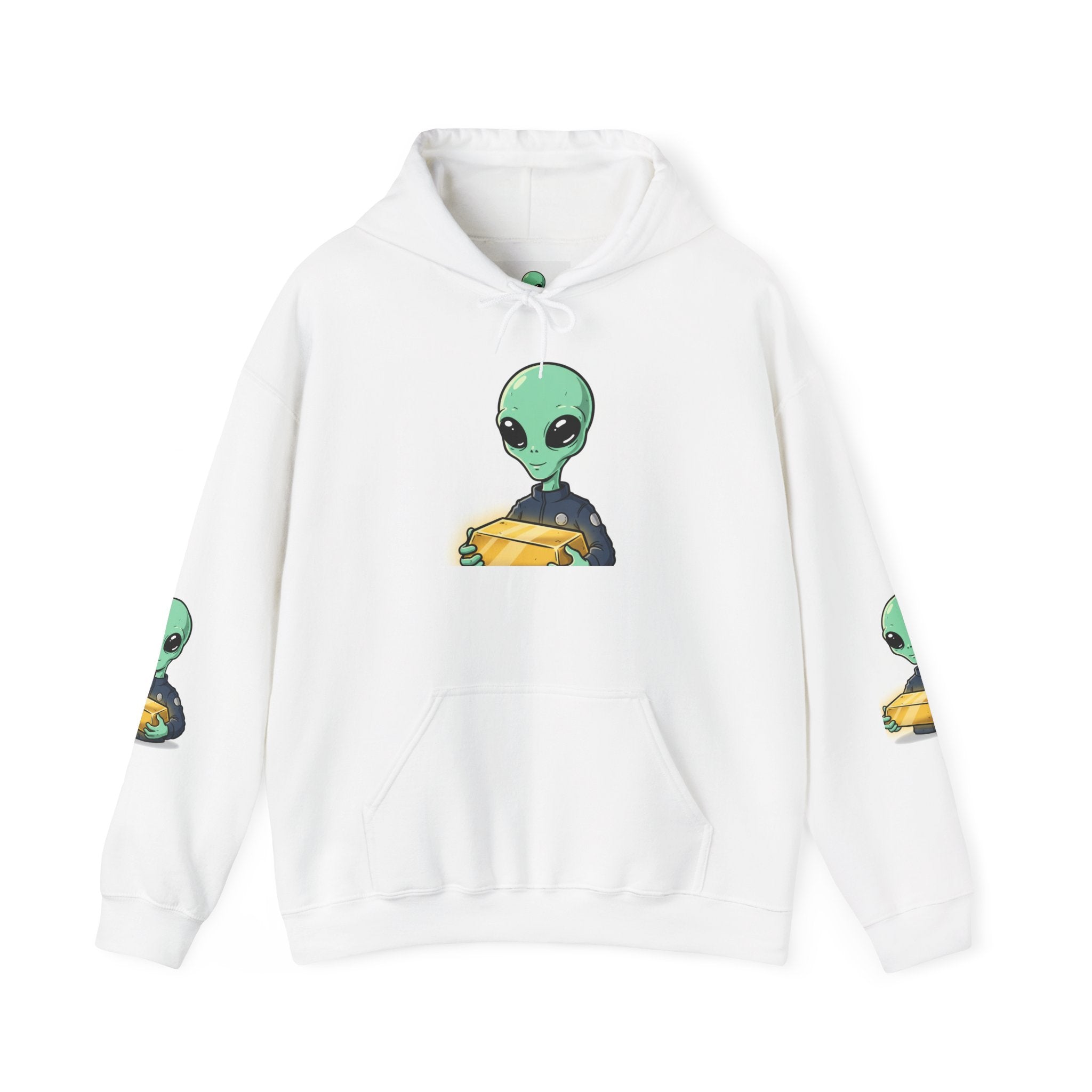 Alien Holding Gold Hoodie — "WE ARE HERE!!" Graphic Sweatshirt
