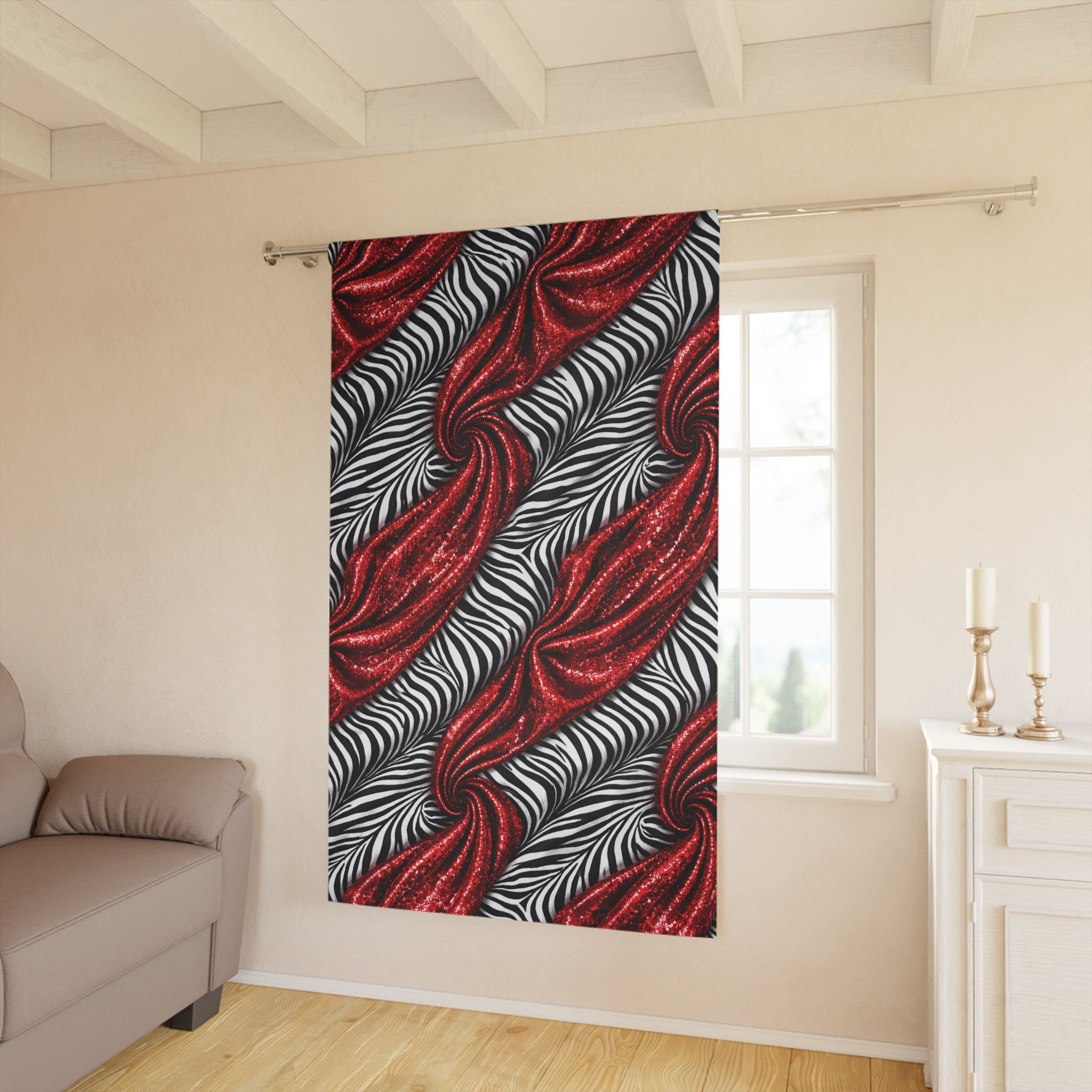 Red Glitter Swirl Zebra Pattern Window Curtain — Bold Glam Drapery Panel