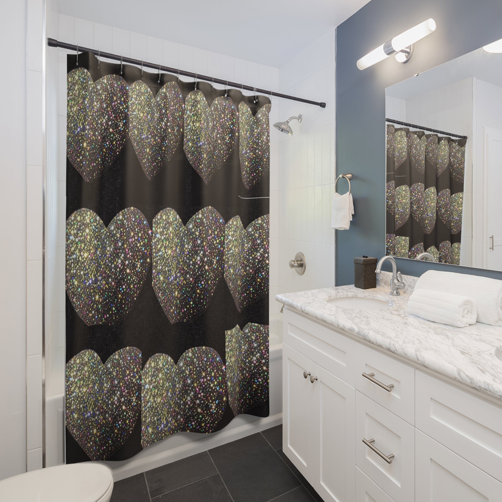 Shower Curtain - Glitter Heart Pattern on Black | Sparkling Romantic Bathroom Decor
