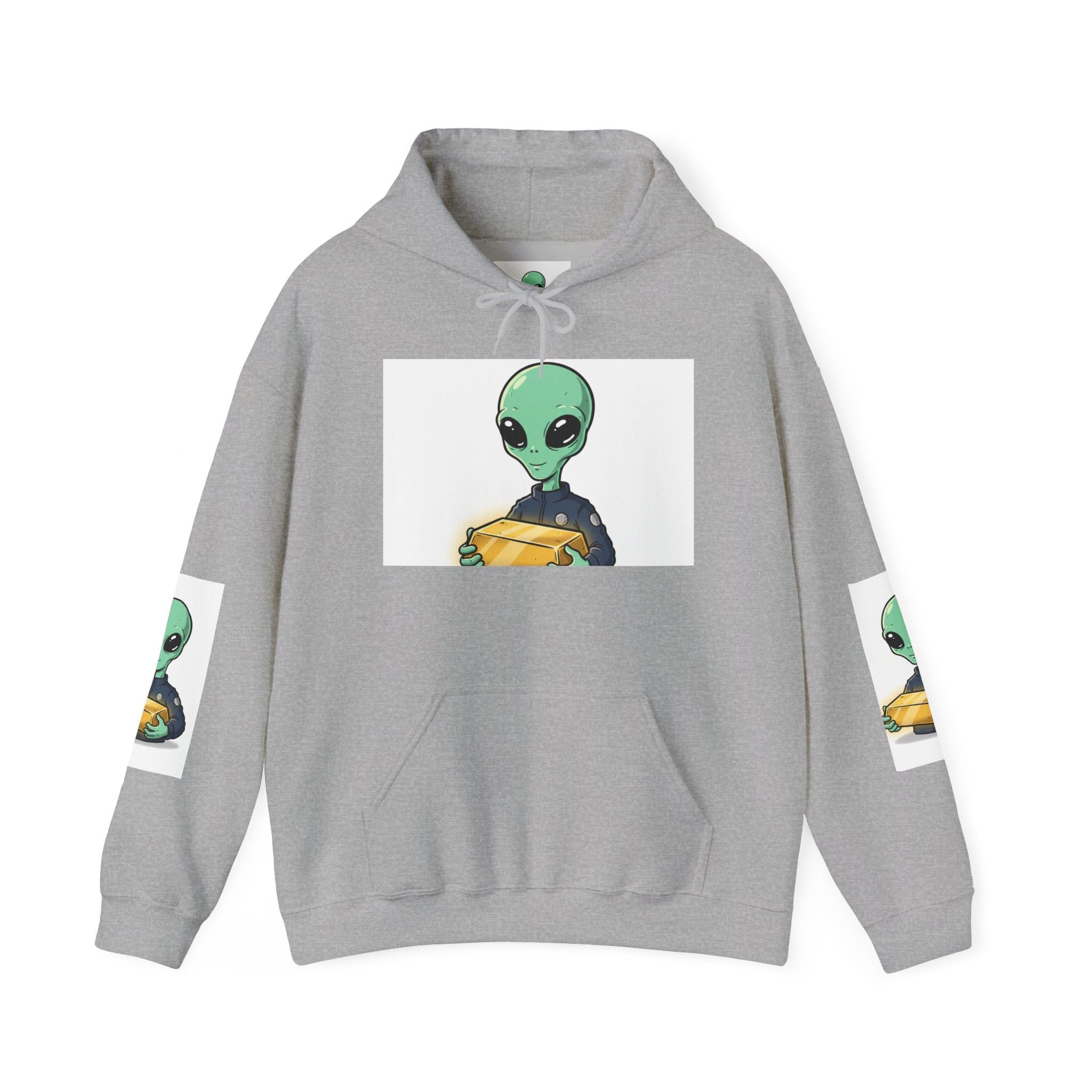 Alien Holding Gold Hoodie — "WE ARE HERE!!" Graphic Sweatshirt