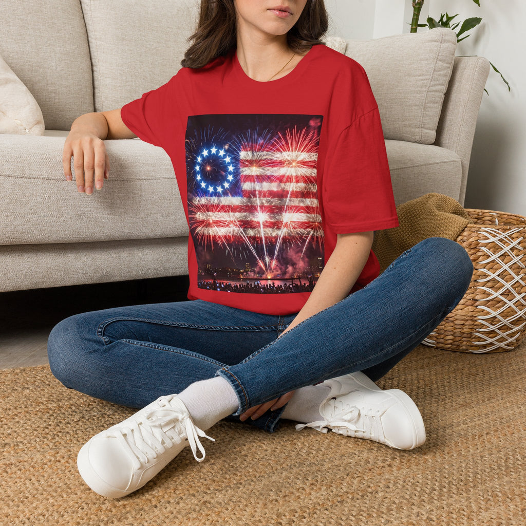 American Flag Fireworks T-Shirt — Betsy Ross Stars & Stripes Patriotic Tee for 4th of July
