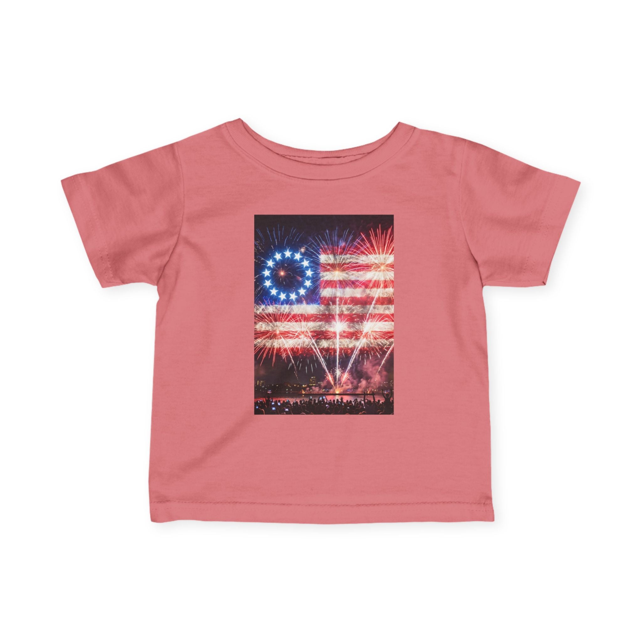 Infant Tee — Vintage Fireworks American Flag Graphic (4th of July Baby Shirt)