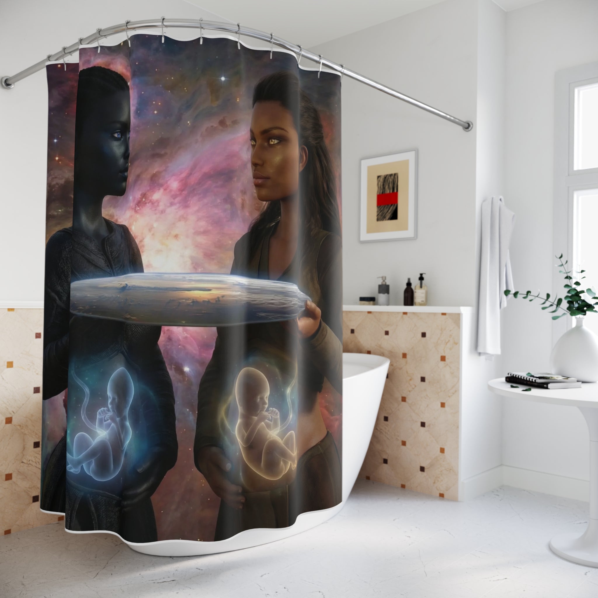 Shower Curtain — Cosmic Maternity Art: Expecting Souls Galaxy Bathroom Decor