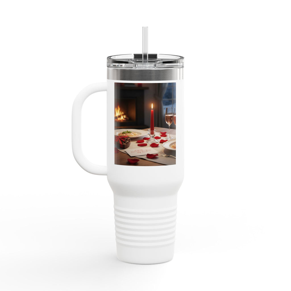 40oz Insulated Travel Mug — Romantic Candlelit Dinner Design