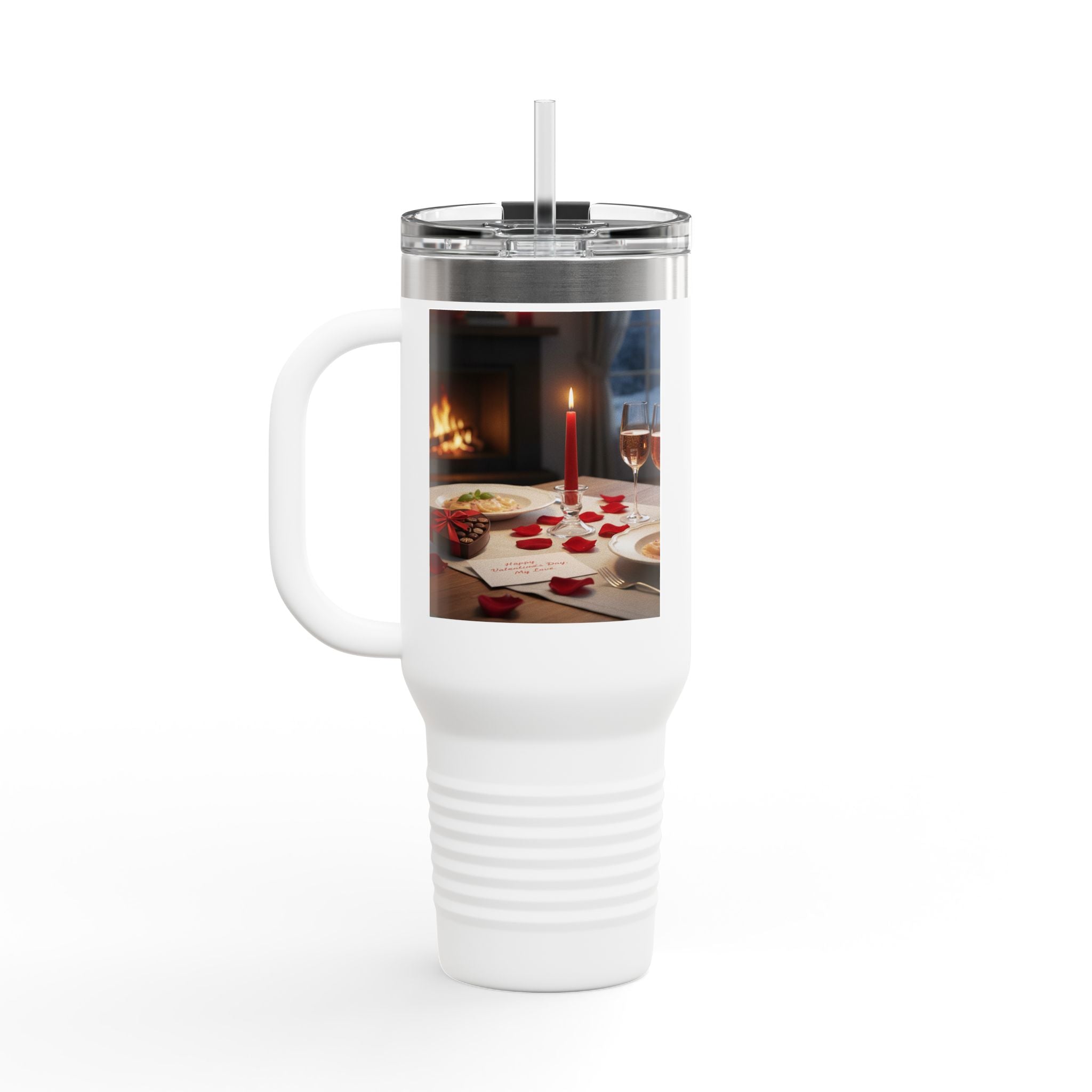 40oz Insulated Travel Mug — Romantic Candlelit Dinner Design