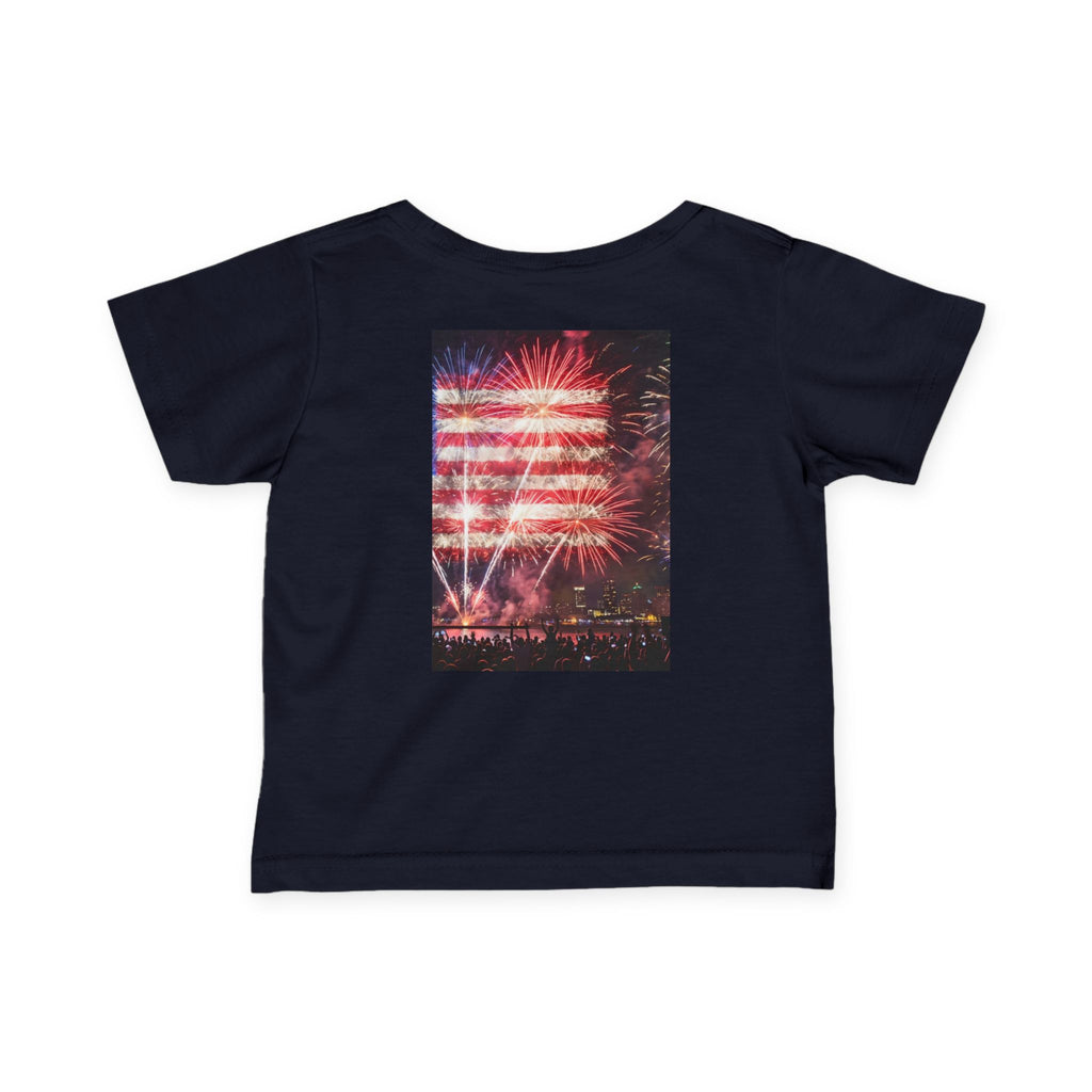 Infant Tee — Vintage Fireworks American Flag Graphic (4th of July Baby Shirt)