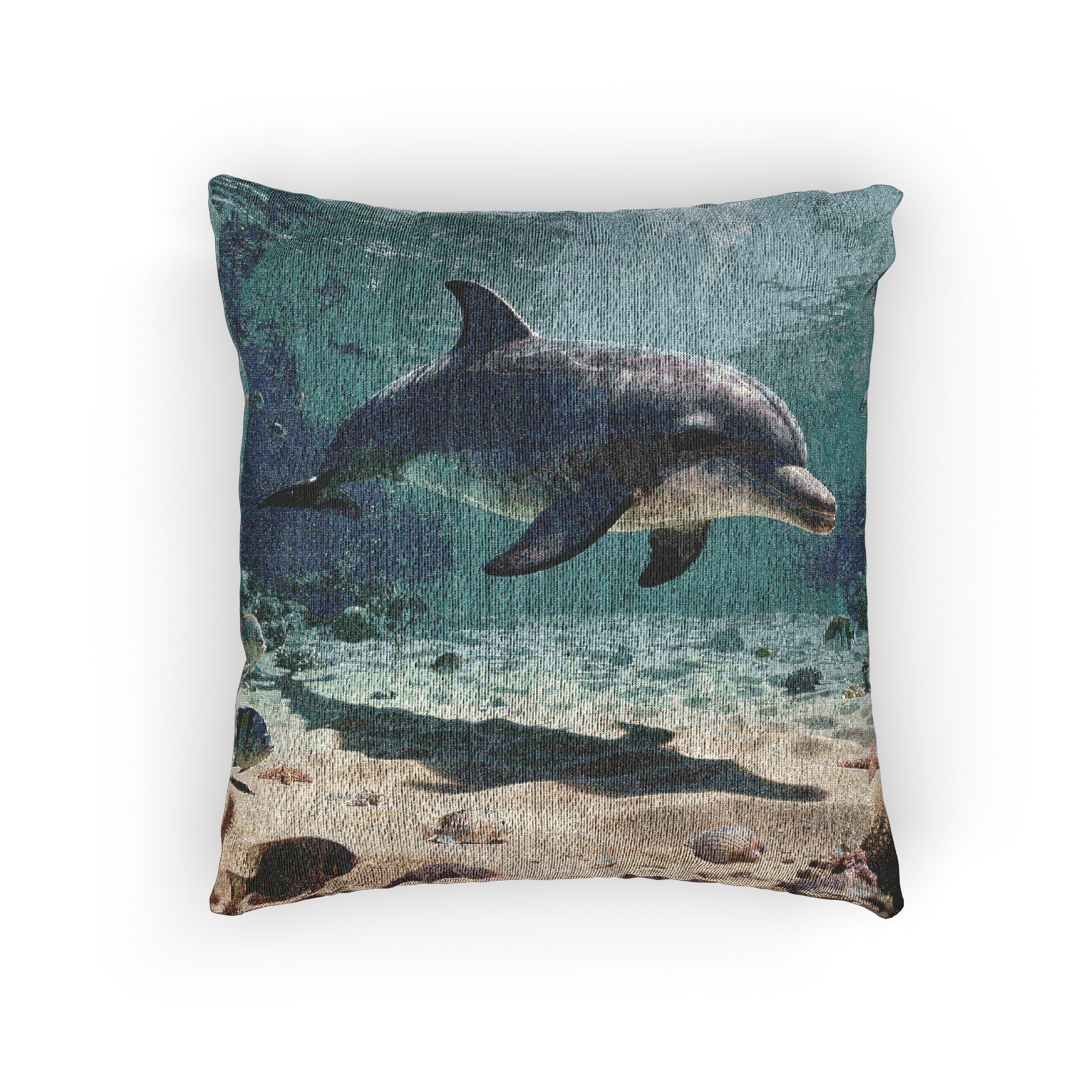Woven Pillow - Coastal Dolphin Tapestry Cushion (Seaside Nautical Home Decor)