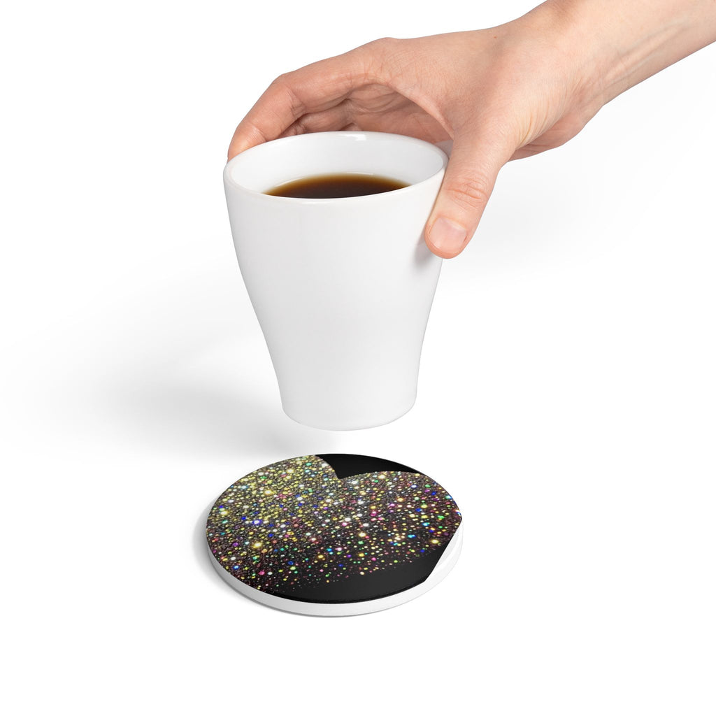 Glitter Heart Ceramic Coaster — Sparkling Gold Confetti Drink Coaster