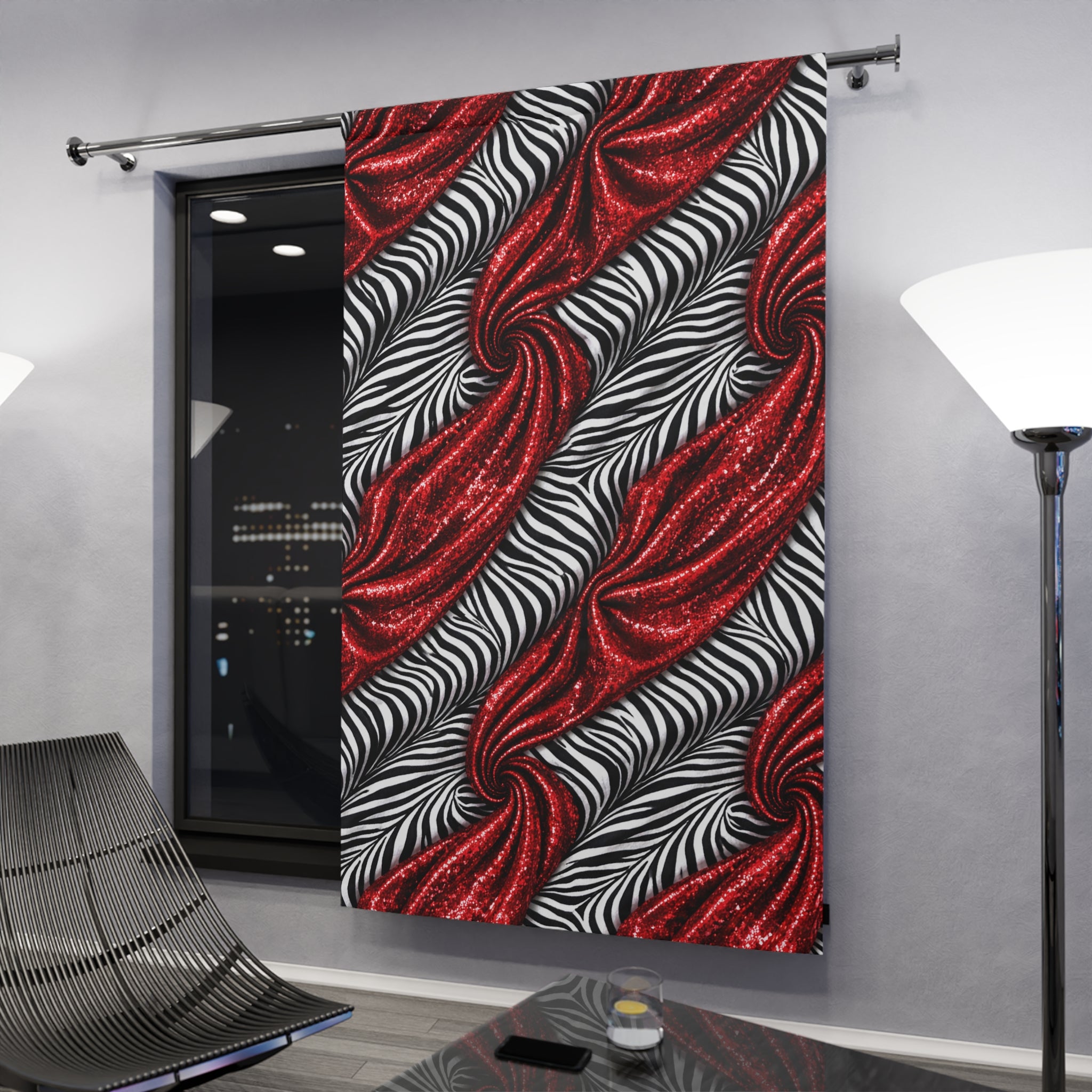 Red Glitter Swirl Zebra Pattern Window Curtain — Bold Glam Drapery Panel