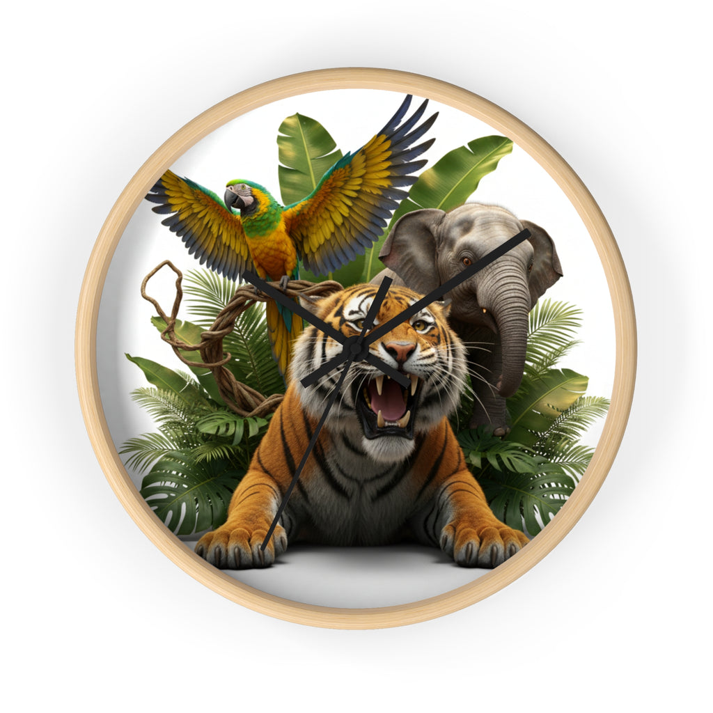 Jungle Animals Wall Clock — Tiger, Elephant & Parrot Safari Nursery Decor