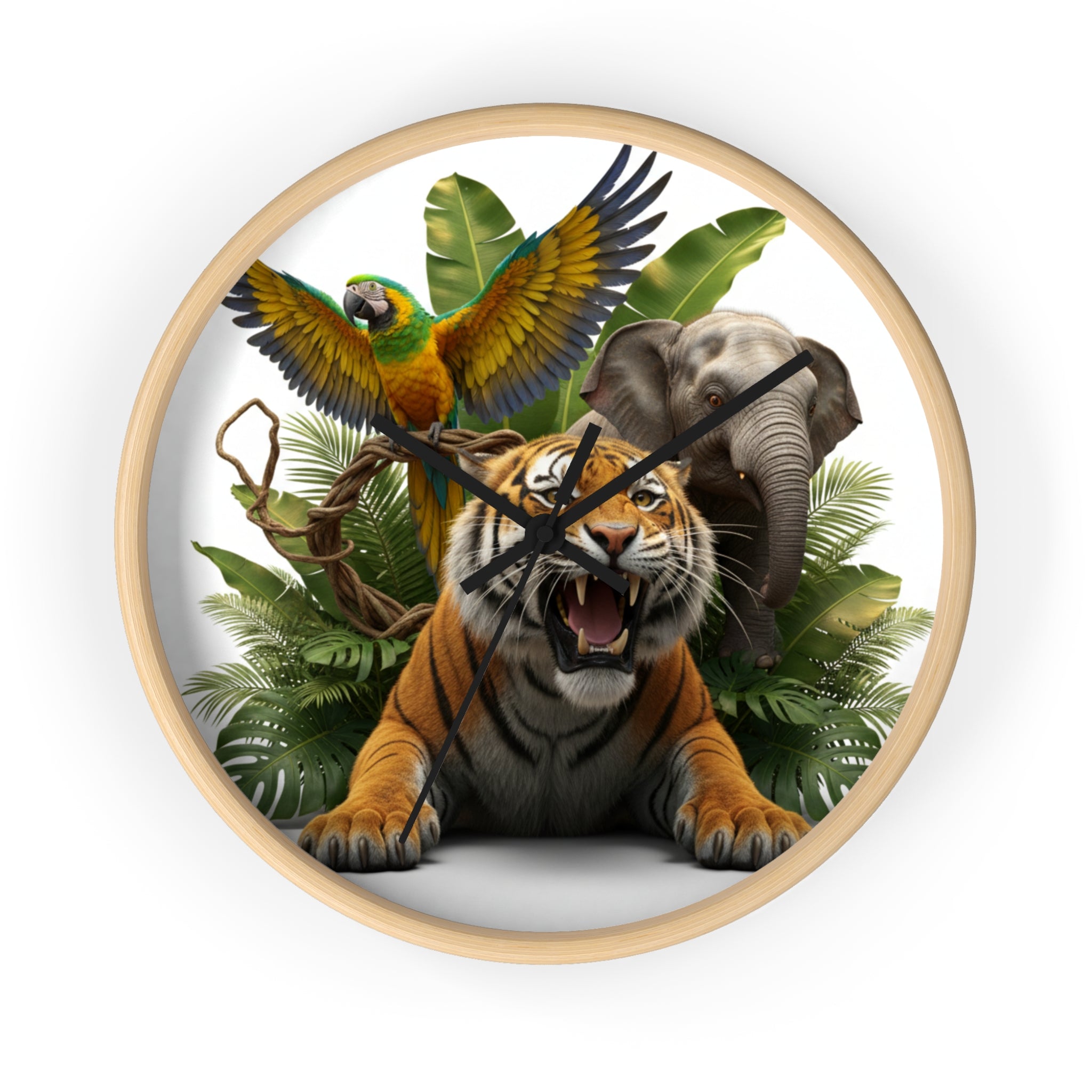 Jungle Animals Wall Clock — Tiger, Elephant & Parrot Safari Nursery Decor
