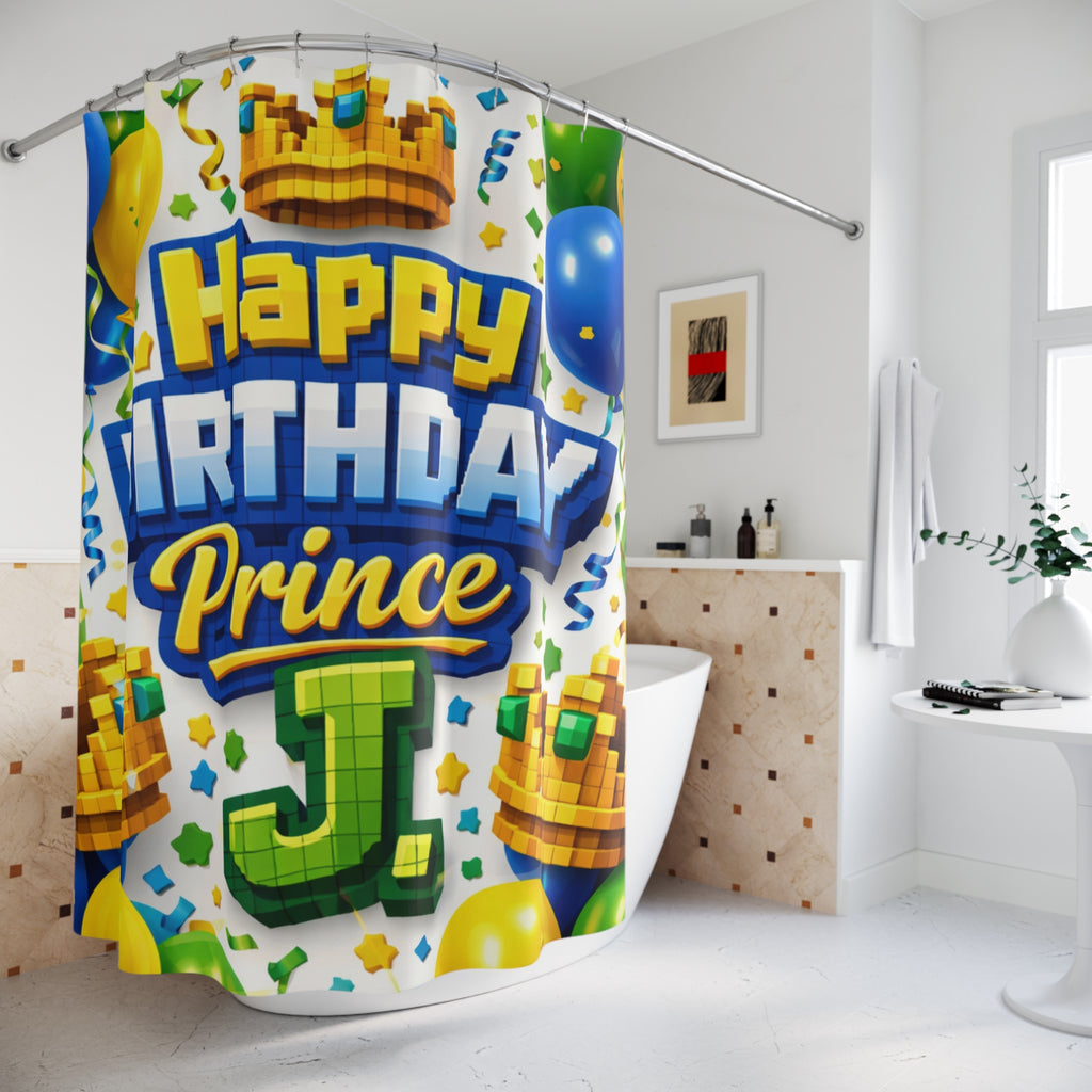 Happy Birthday Prince J Shower Curtain — Kids Party Bathroom Decor