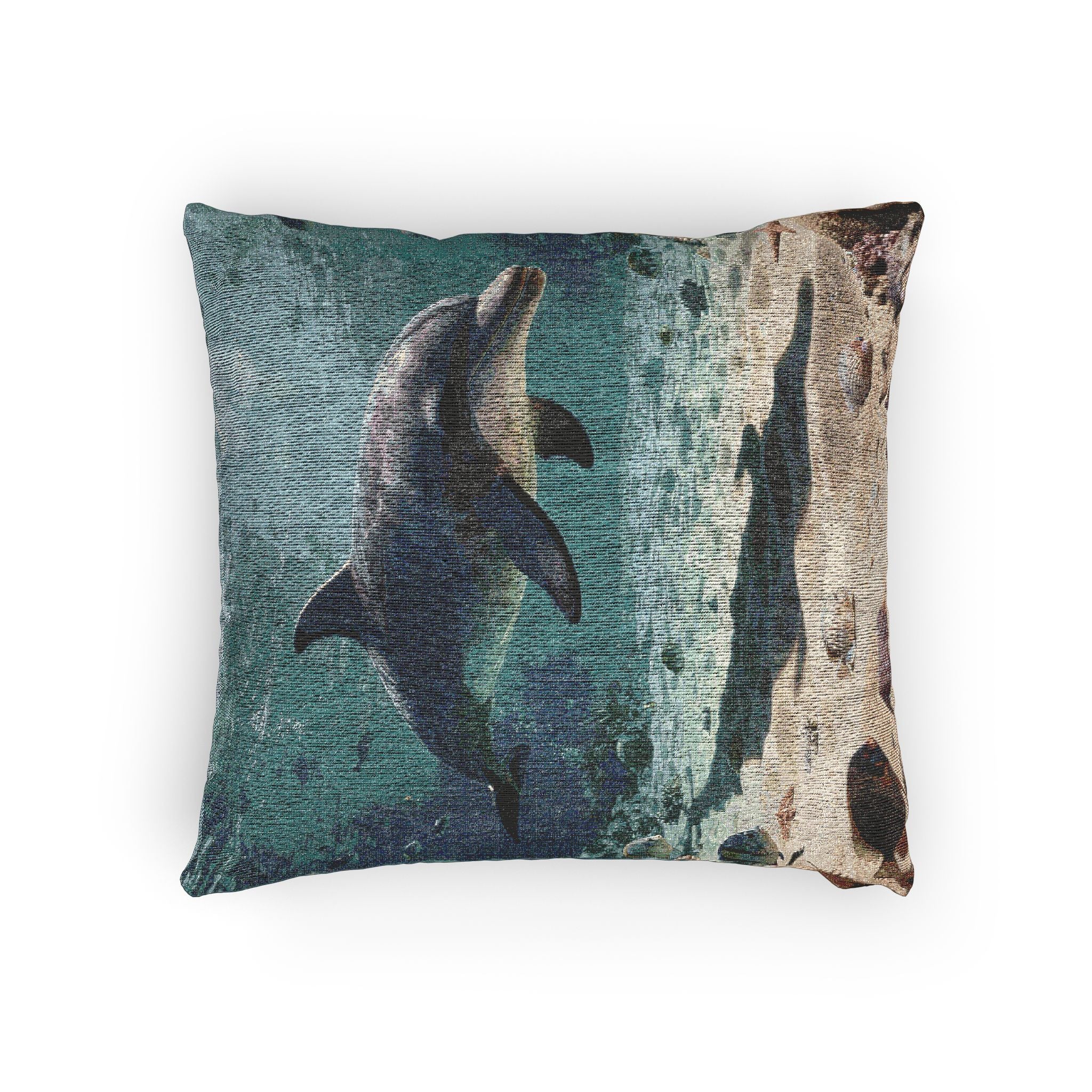 Woven Pillow - Coastal Dolphin Tapestry Cushion (Seaside Nautical Home Decor)