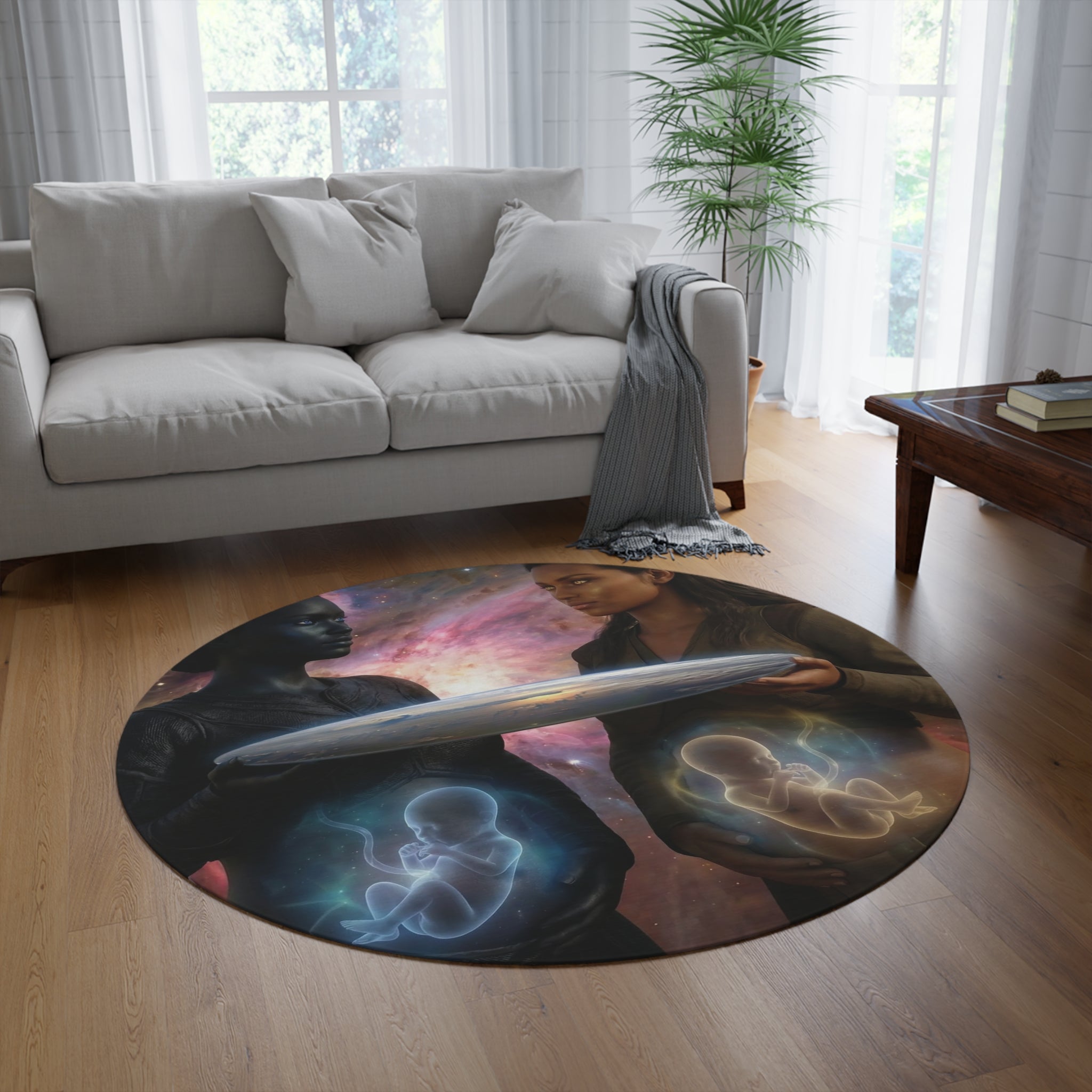 Cosmic Motherhood Round Rug — Surreal Pregnant Figures & Fetal Light Artwork