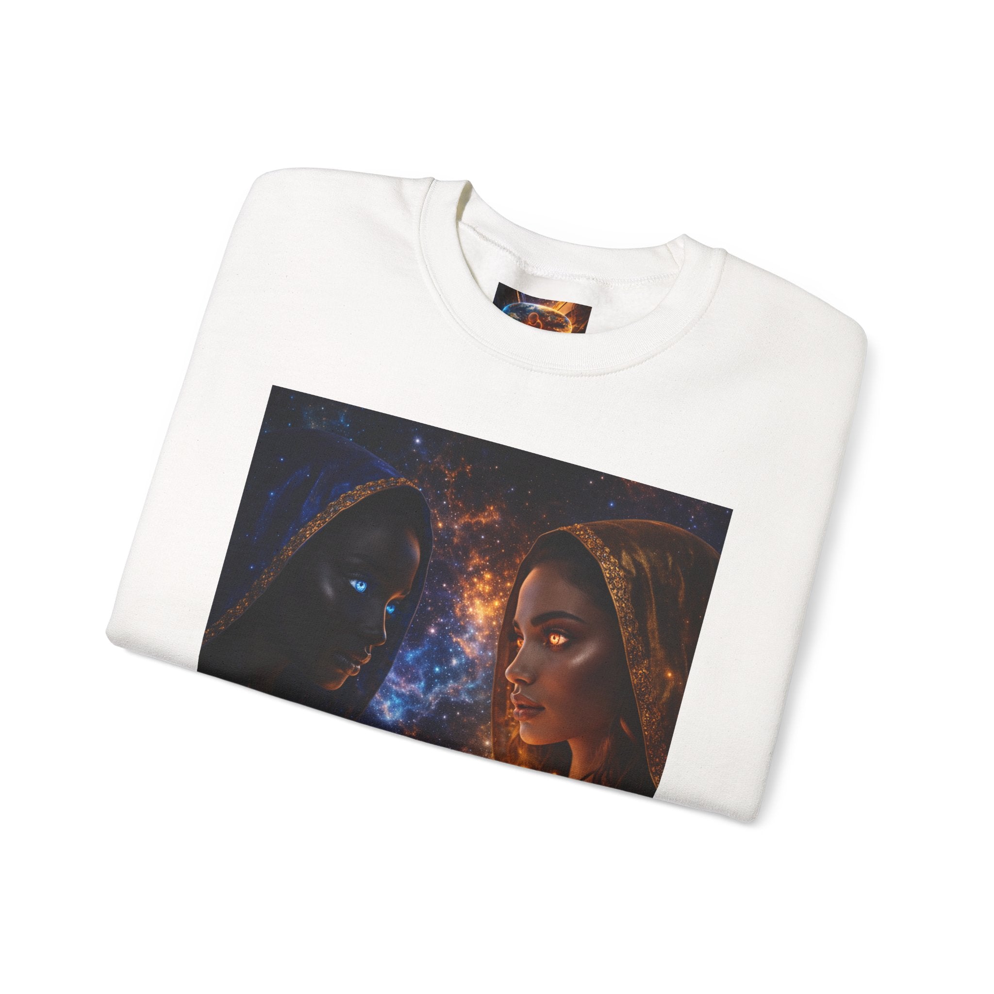 Crewneck Sweatshirt — Celestial Duality Artwork: Fire & Ice Sisters with Cosmic Orb