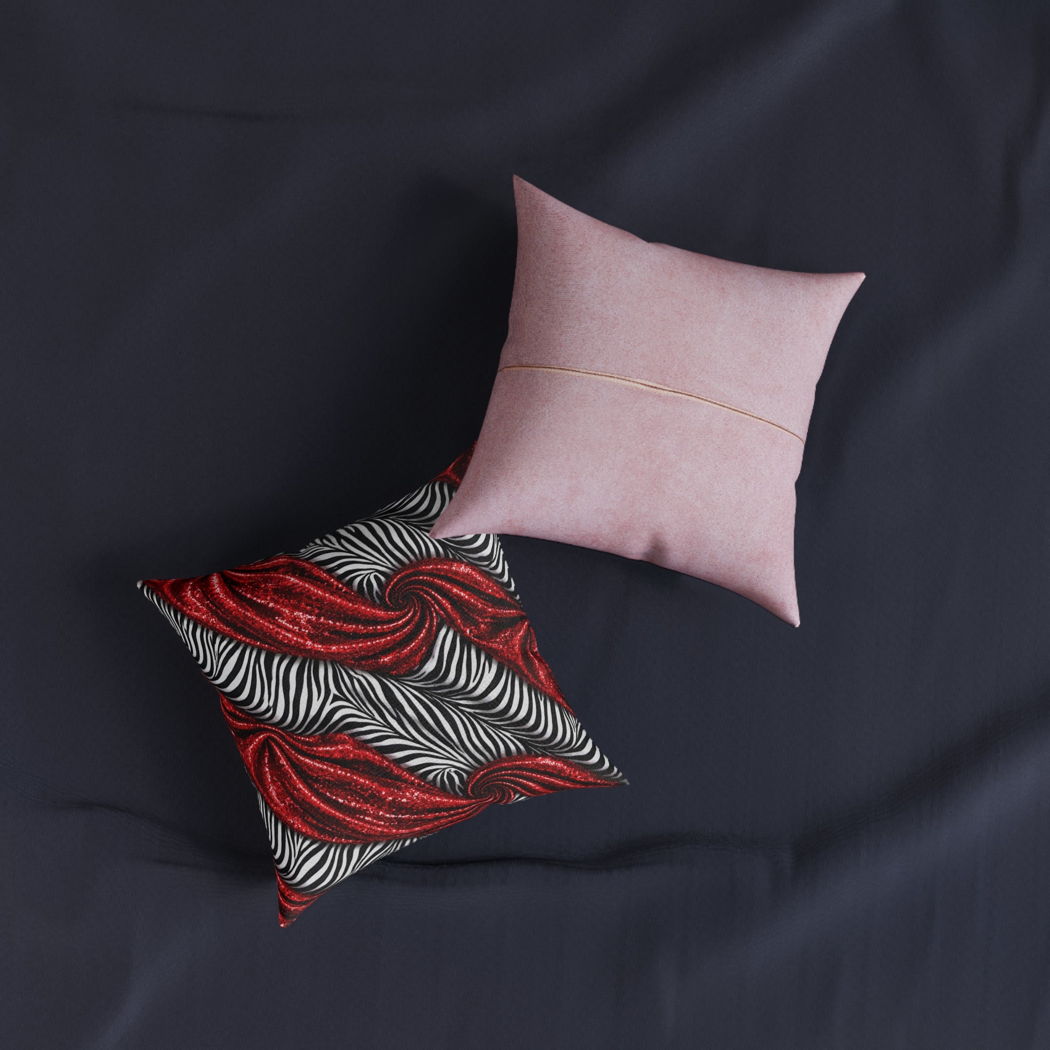 Red Glitter Lips Zebra Throw Pillow — Glam Decorative Square Pillow