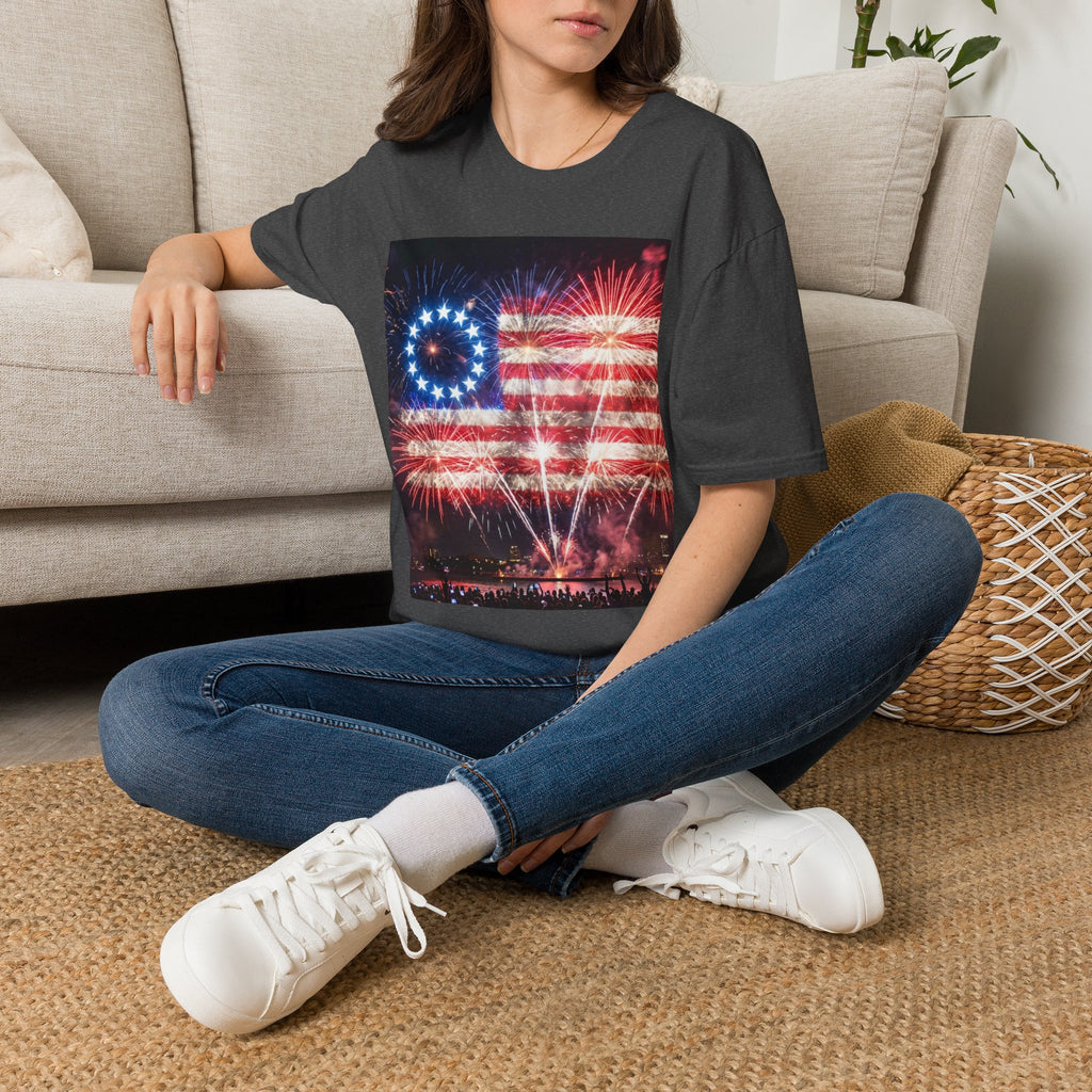American Flag Fireworks T-Shirt — Betsy Ross Stars & Stripes Patriotic Tee for 4th of July