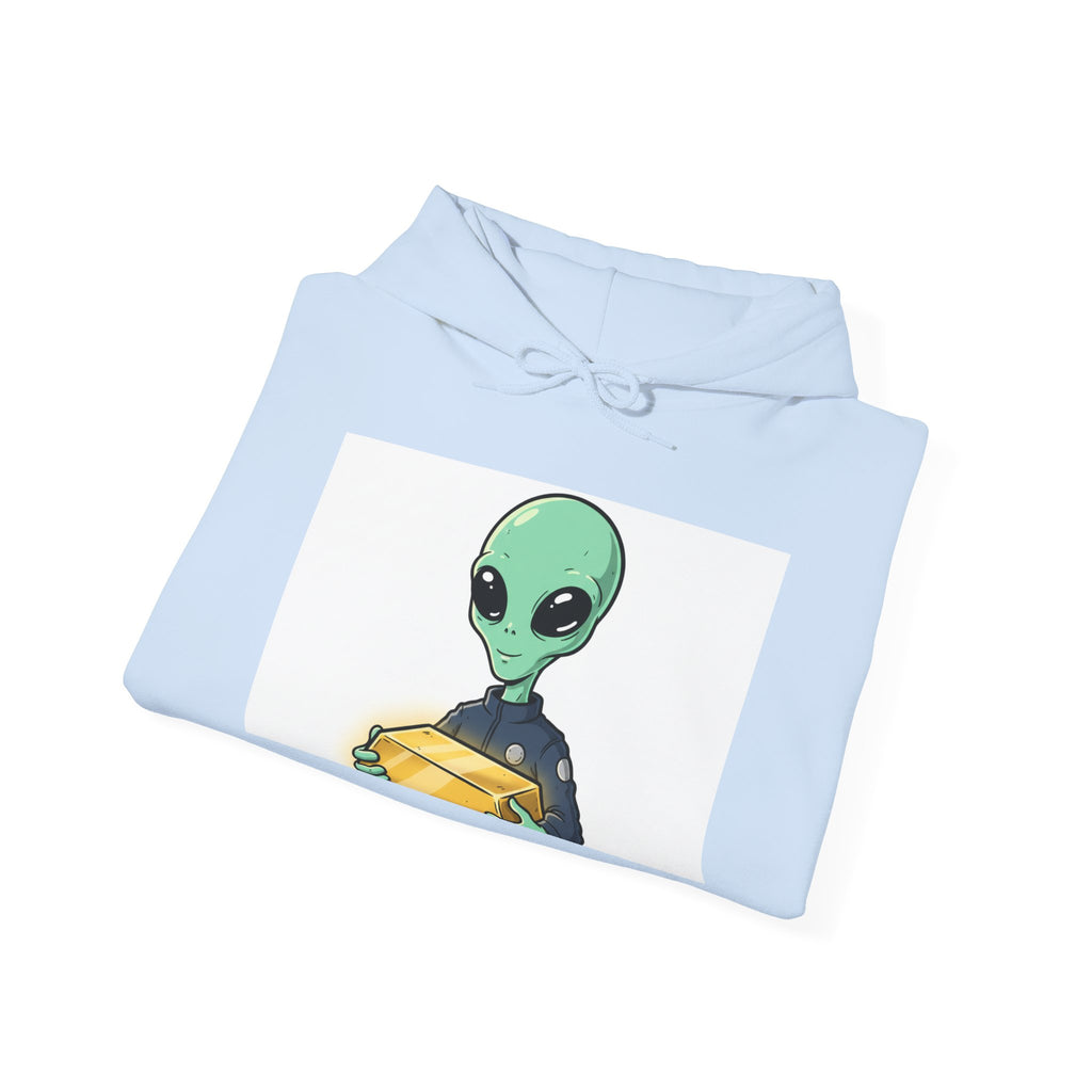 Alien Holding Gold Hoodie — "WE ARE HERE!!" Graphic Sweatshirt
