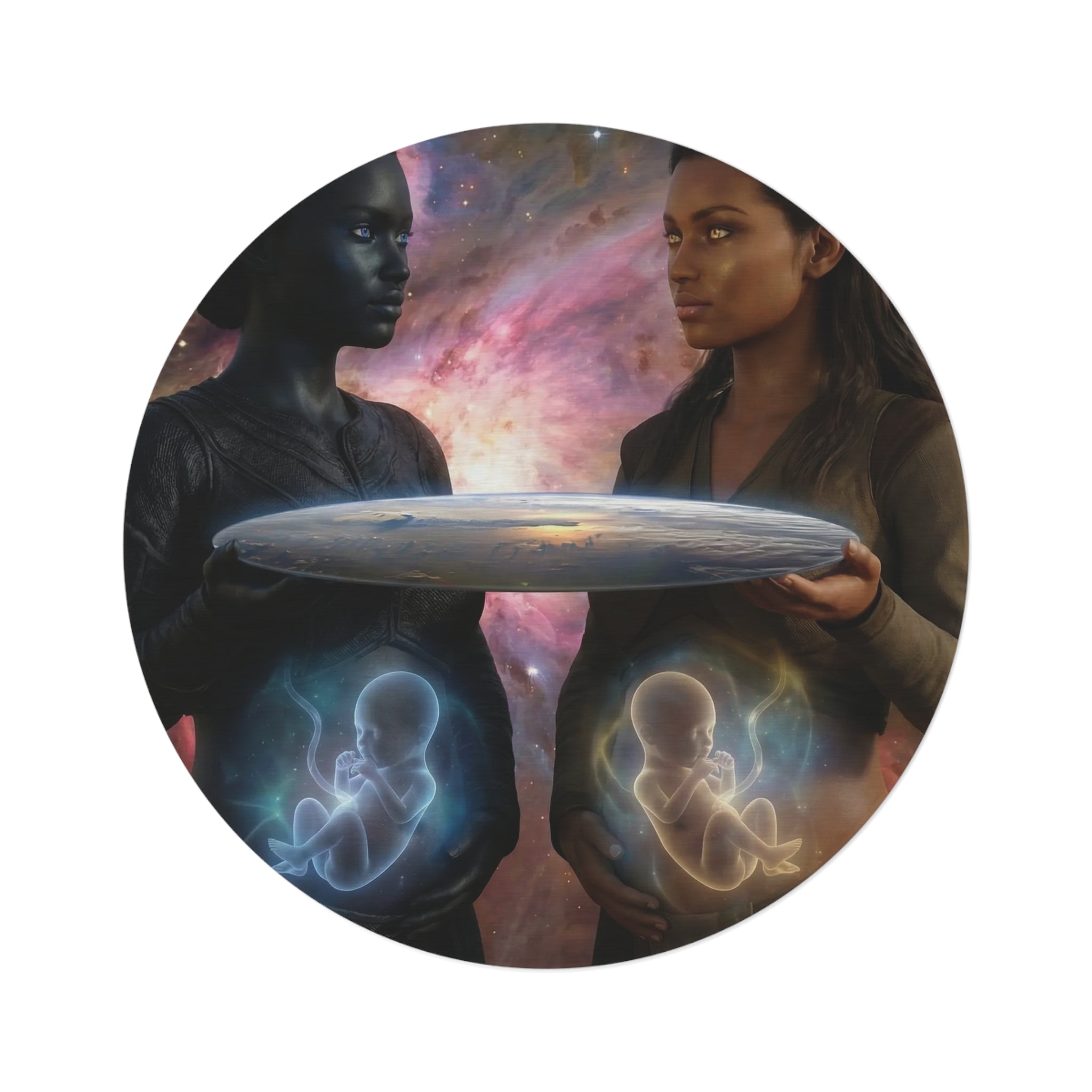 Cosmic Motherhood Round Rug — Surreal Pregnant Figures & Fetal Light Artwork
