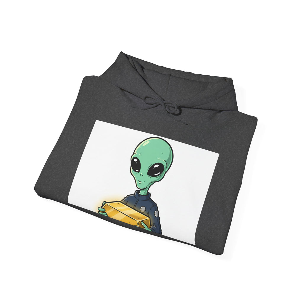 Alien Holding Gold Hoodie — "WE ARE HERE!!" Graphic Sweatshirt