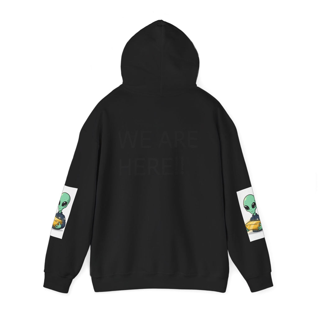 Alien Holding Gold Hoodie — "WE ARE HERE!!" Graphic Sweatshirt