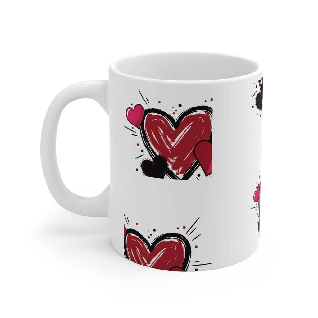 Heart Doodle Ceramic Mug — Red & Pink Sketch Hearts Coffee Cup