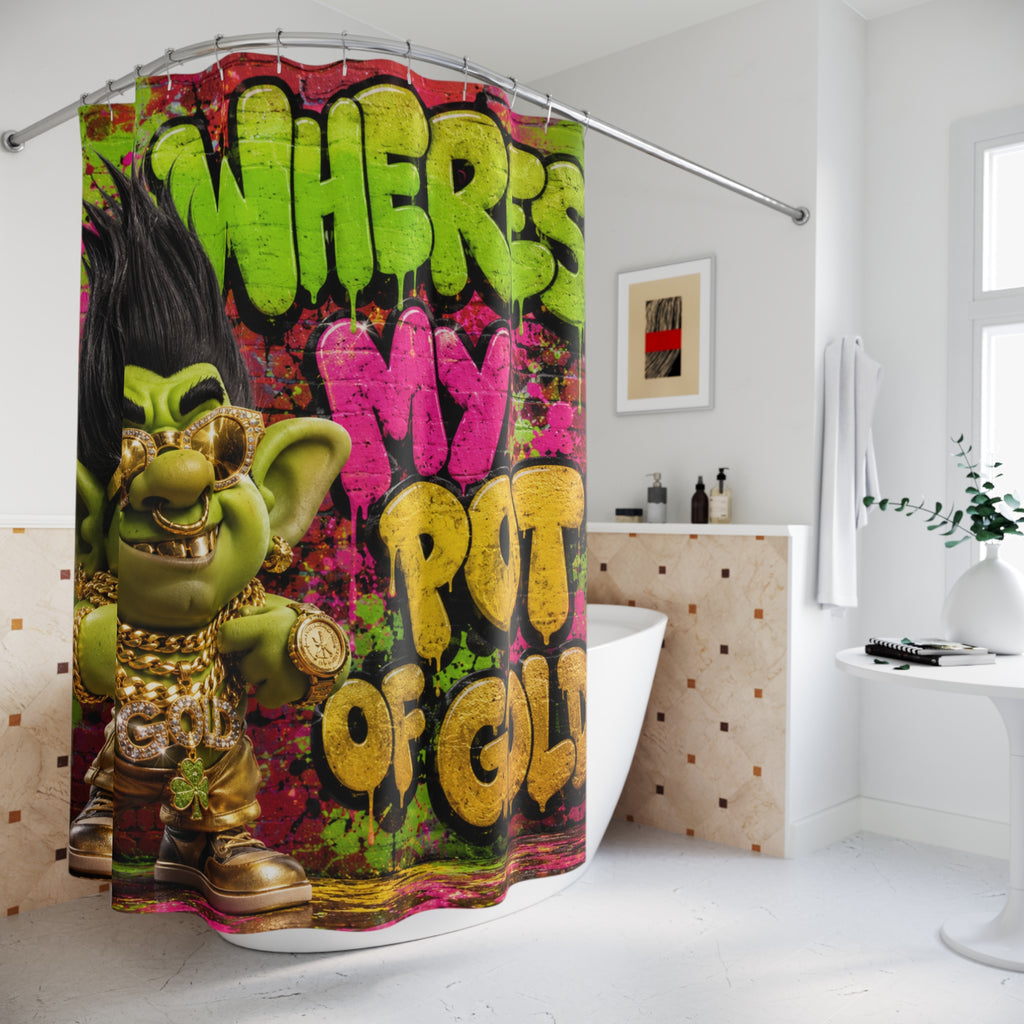 Troll Shower Curtain — 'Where's My Pot of Gold' Graffiti Bathroom Decor