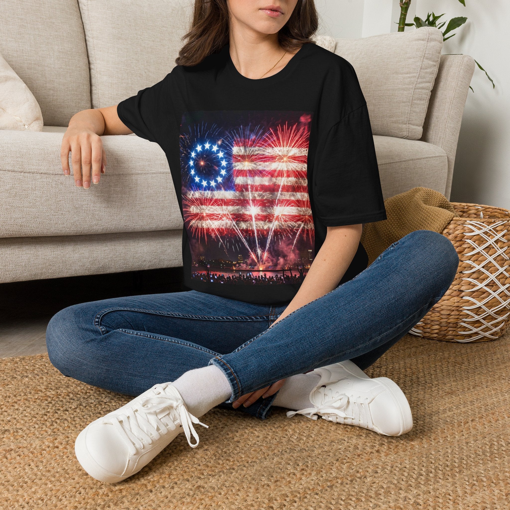 American Flag Fireworks T-Shirt — Betsy Ross Stars & Stripes Patriotic Tee for 4th of July